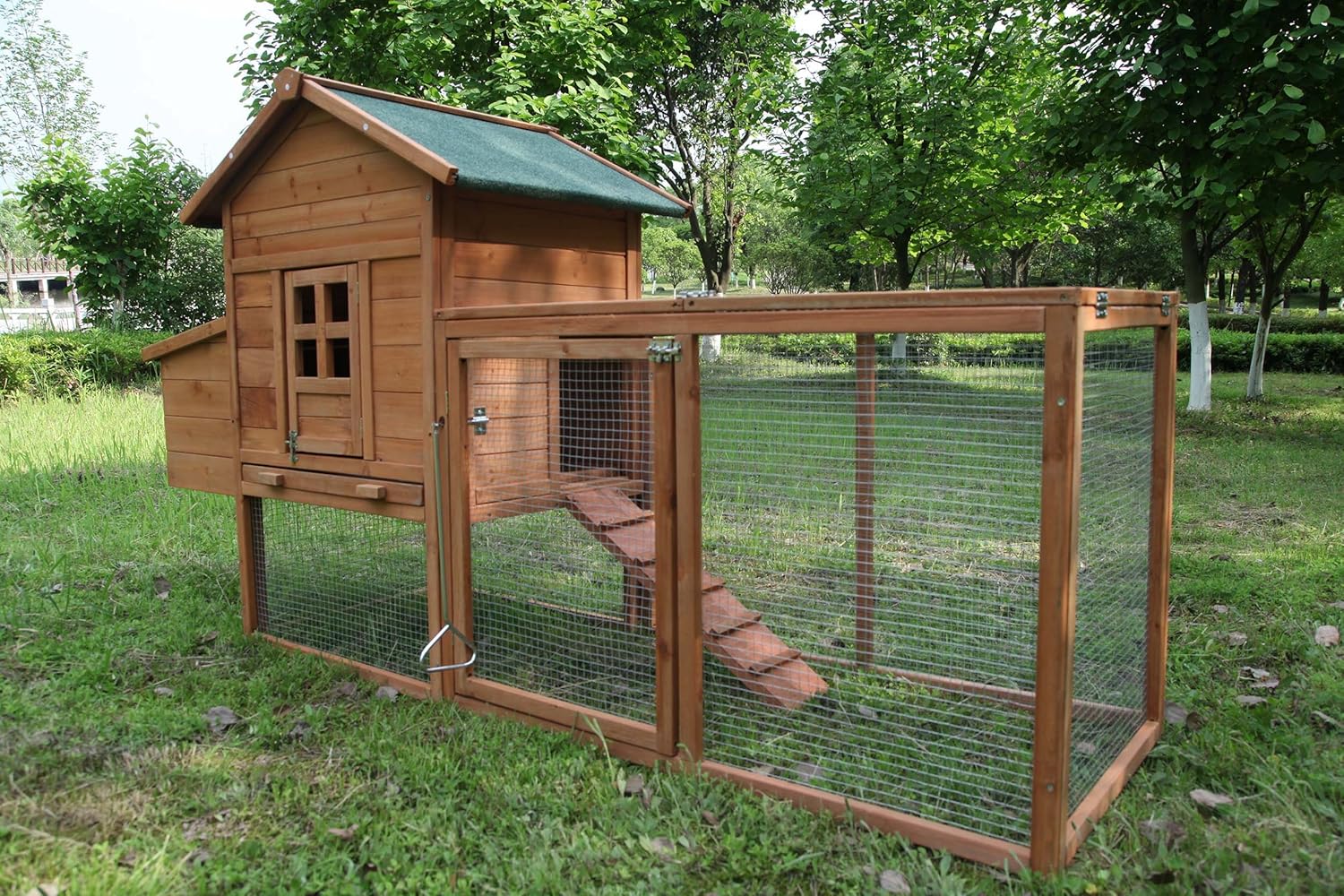 Outdoor Chicken Coop for 2-4 Chickens Wooden Hen House Poultry Pet Hutch Run Cage w/Waterproof Asphalt Roof, Ramp, Nesting Box, Wire Fence (80")