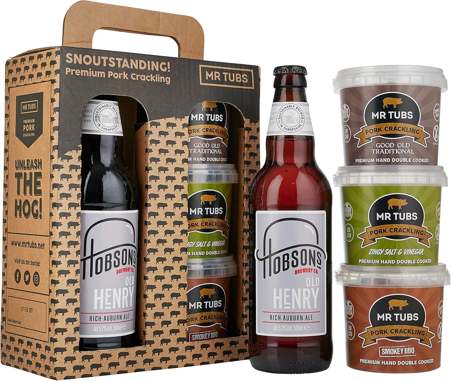 Mr Tubs Premium Pork Crackling & Single (500ml) Beer Gift Set - 3 x Crackling Flavour Tubs & 1 x Beer - Ideal Low Carb, Keto & Paleo Friendly Pork Scratchings Meat Snack (Old Henry)