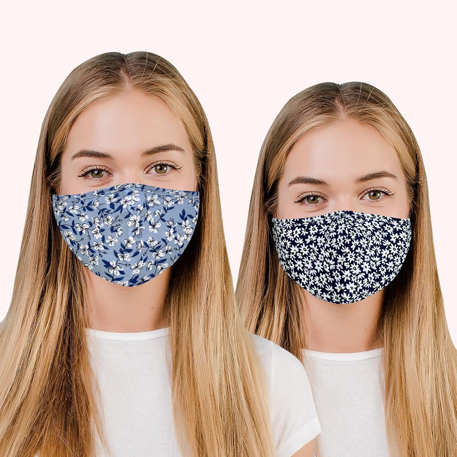 Face Mask Washable UK for Women with Nose Wire, 3 Layers Pure Cotton Face Masks for Glasses Wearers | Reusable | Breathable | Filter Pocket | Adjustable air loops (2 x Masks) (Floral - X)