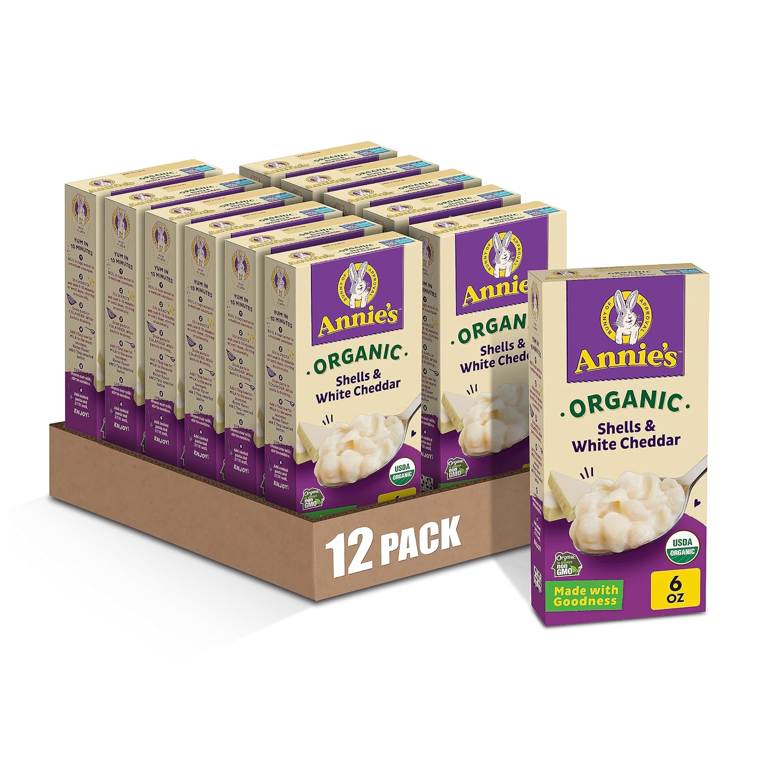 Annie's Organic Shells and White Cheddar, Made with Real Cheese, 6 oz (Pack of 12)