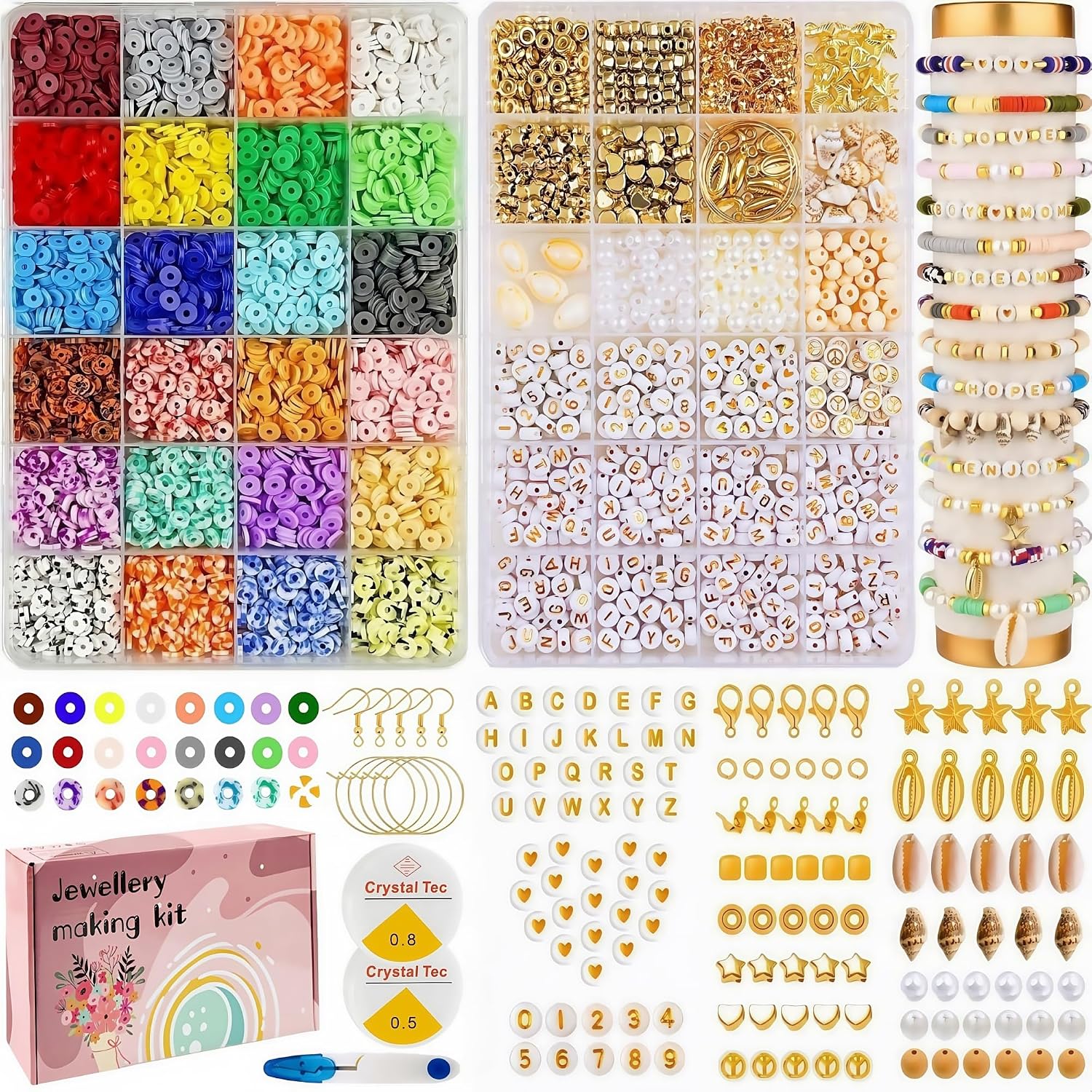 LUOBITO Clay Beads Bracelet Making Kit, 2 Boxes 6mm Flat Polymer Clay Bead Set, 24 Colors Heishi Bead for Jewelry Making Kit, Letter Number Beads Refill Charms Gift for Girls Adults