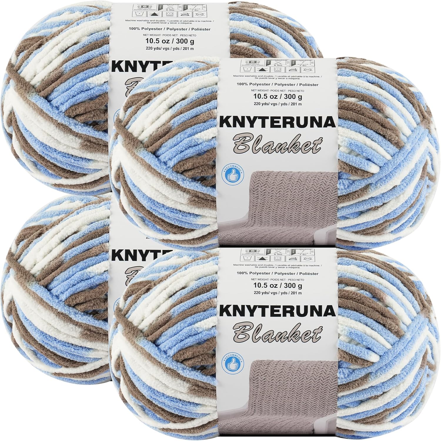 #6 Super Bulky Blanket Yarn for Crocheting - 4 Skeins(Each 10.5oz/300g, 220yds/201m), Chunky Chenille Thick Plush Big Soft Yarn for Crocheting Knitting Blankets, Khaki & Blue & White