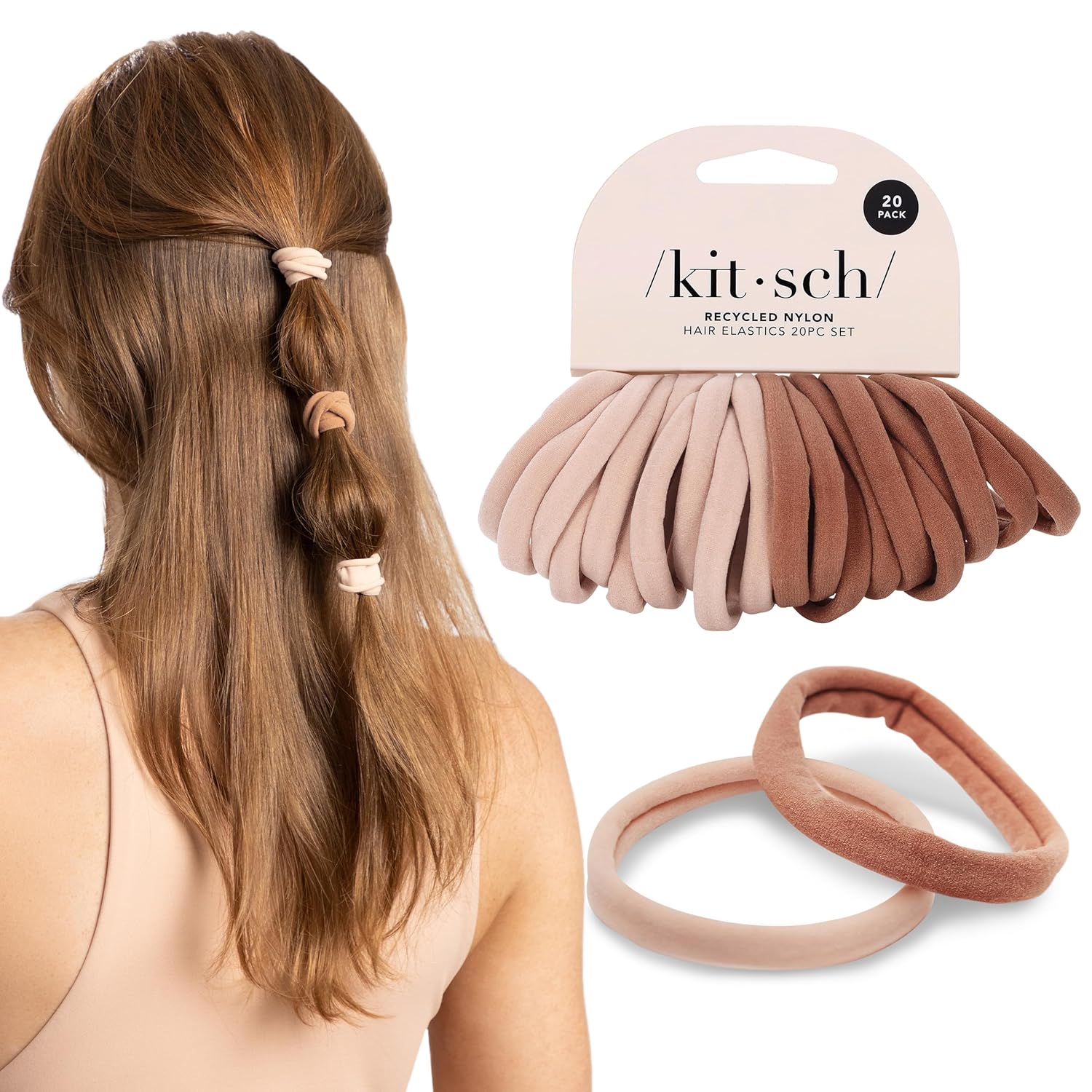 Kitsch Hair Ties No Damage - Strong, Stretchy & Snag-Free Hair Bands | Soft Nylon Ponytail Holders, Stylish Elastics for Everyday Hairstyles - Blush, 20pcs