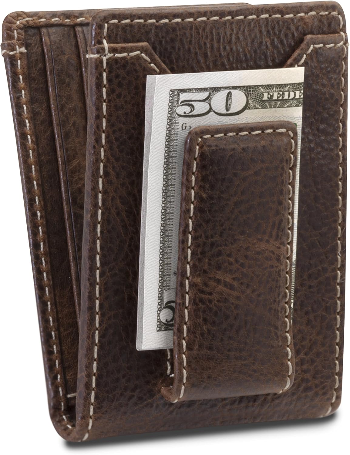 House of Jack Co. Ivor Bifold Money Clip Wallet for Men, Strong Magnetic Front Pocket with Exterior ID Window, Full Grain Cowhide Slim Card Holder, Brown