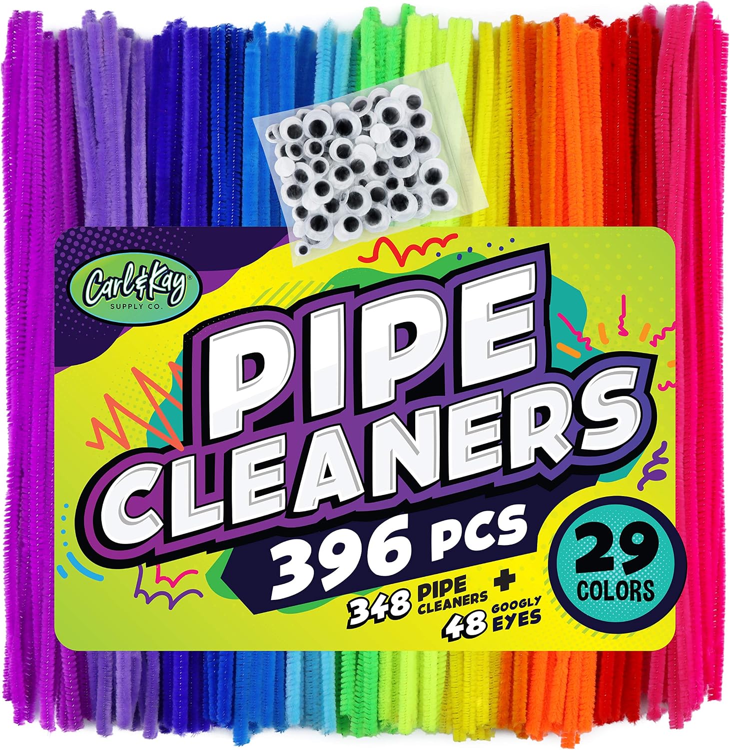 Carl & Kay 348 Pipe Cleaners [Bonus: 48 Googly Eyes] in a Zipper Storage Bag, Chenille Stems in 29 Colors for DIY Art, Creative Kid’s Gift, Assorted Fuzzy Craft Sticks, Children’s Craft Supplies