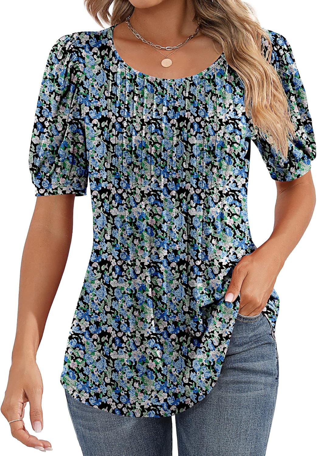 Ficerd Women's Puff Short Sleeve Tunic Tops Pleated Crew Neck Summer Blouses Dressy Casual Loose T Shirts