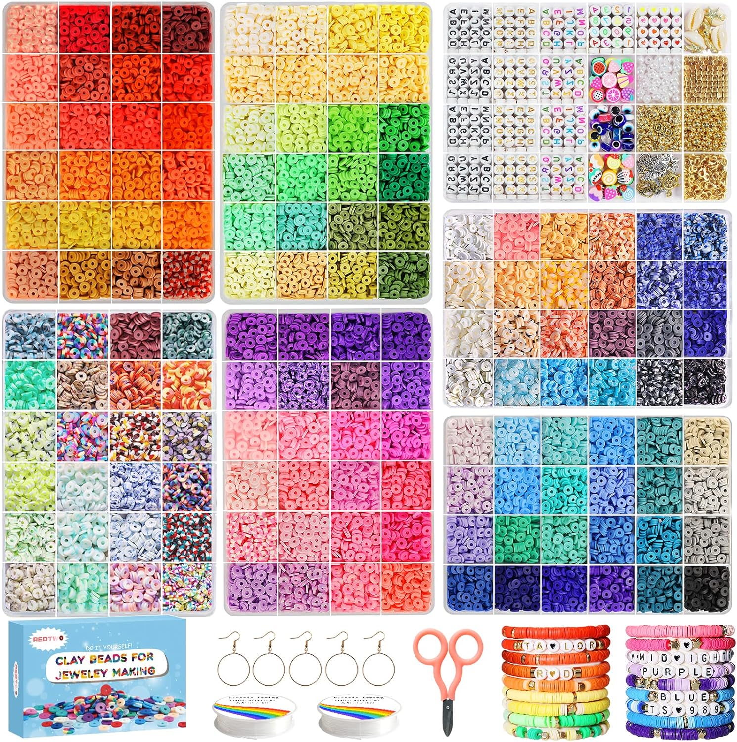 Redtwo 23000 Pcs Clay Beads Bracelet Making Kit 144 Colors 7 Boxes Flat Polymer Heishi Beads Set for Friendship Jewelry Making with Pendant Charms Crafts Gifts for Girls Ages 6-12 Kids Adults