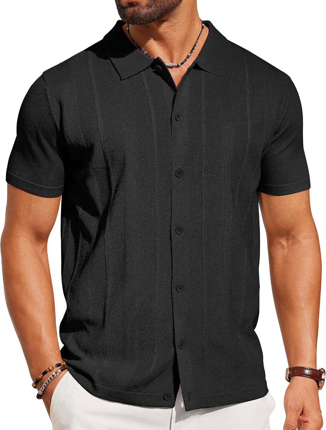COOFANDY Mens Knit Shirt Short Sleeve Button Down Shirts Casual Summer Beach Vintage Polo Shirts