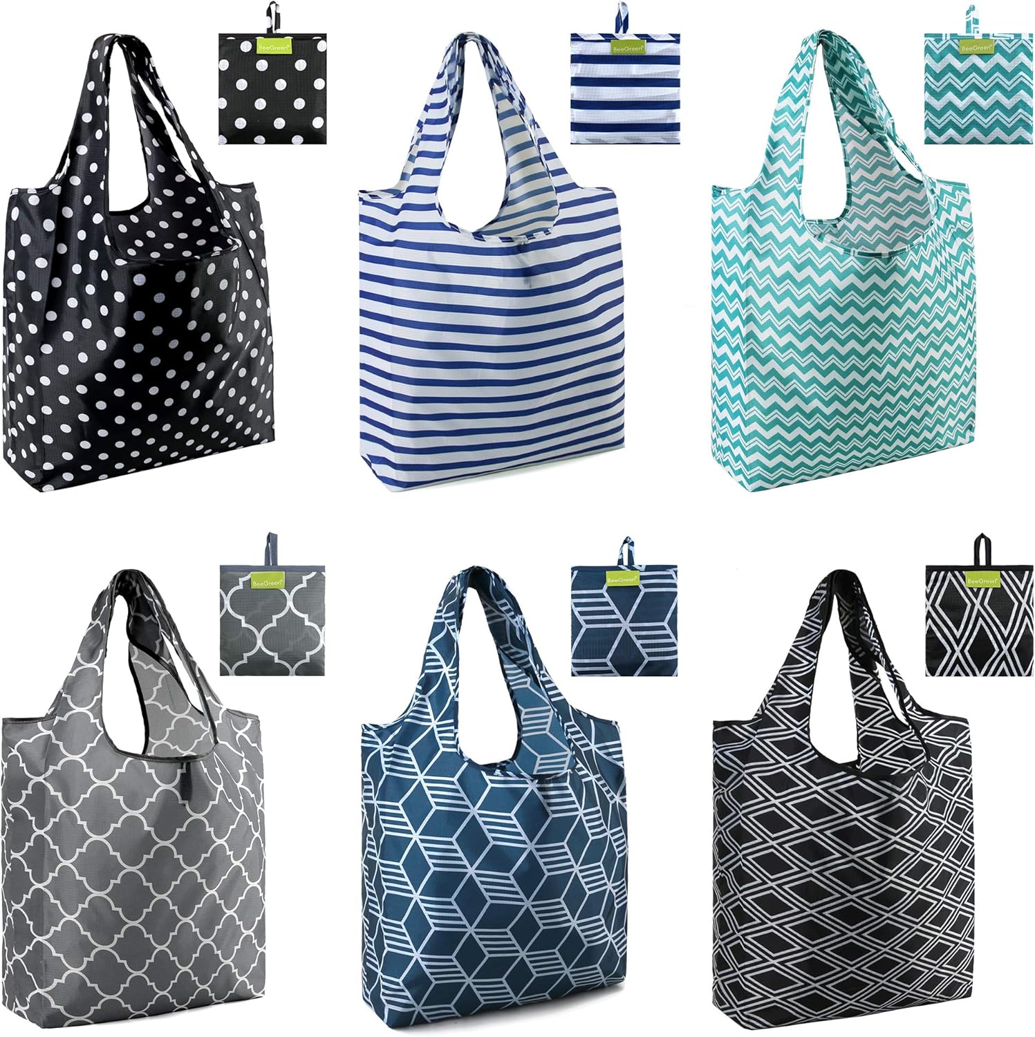 BeeGreen Foldable Reusable Grocery Bags - Heavy Duty 6 Pack with Handles | Large Holiday Gift for Women & Men, Birthday Gift Ideas,Collapsible Cloth Storage for Market Trips, Beach Outings​