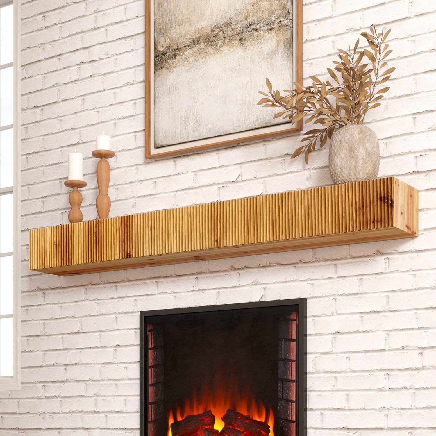 blingworld Fluted Wood Floating Shelf, Fireplace Mantle Shelf Bedroom/Kitchen/Living Room/Office, 152 cm, Pine, Wall Mount, Oak