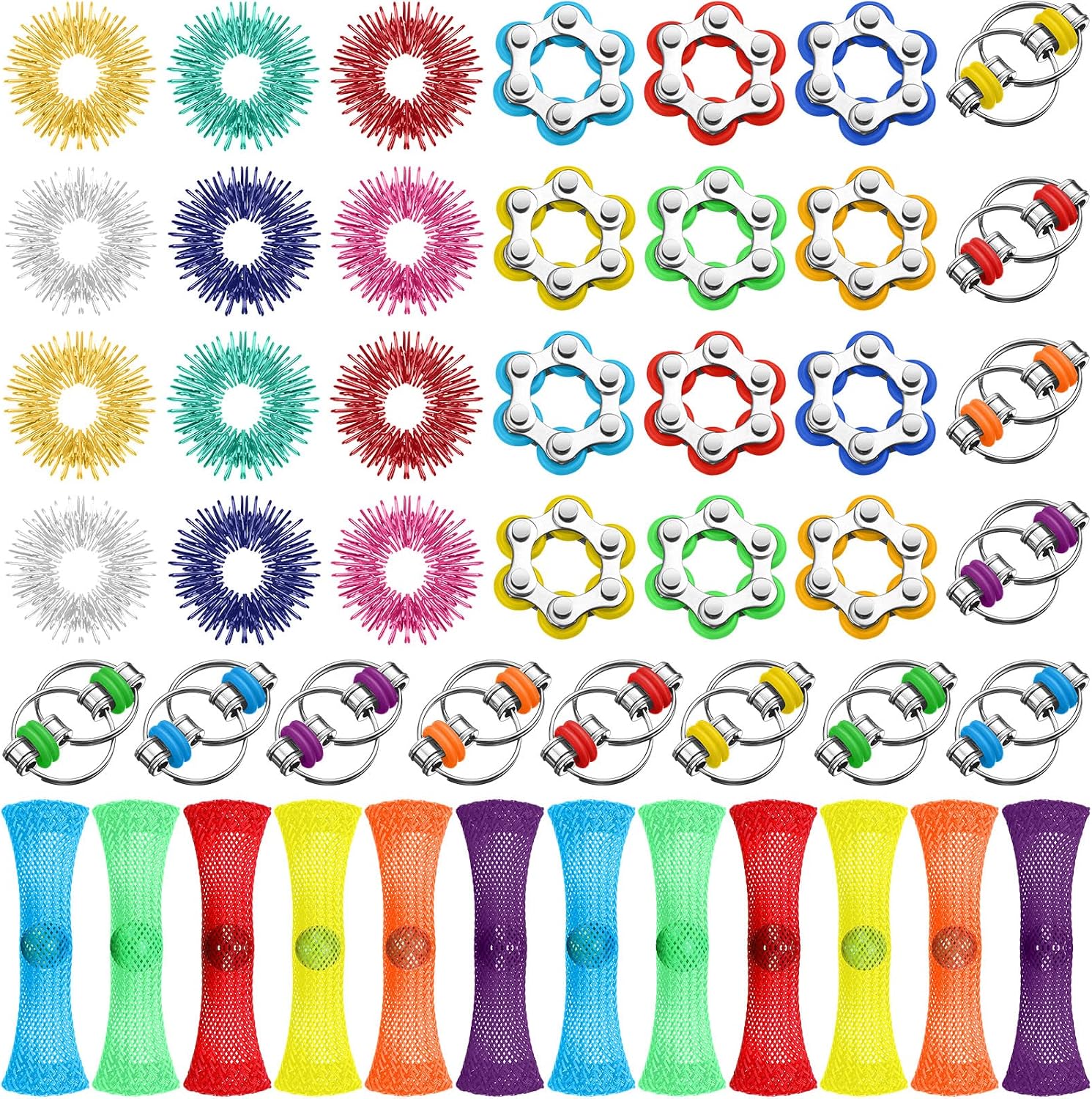 Jexine 48 Pcs Fidget Toys Stress Relief Sensory Toys, Include Spiky Sensory Rings Finger Fidget Ring Roller Chain 6 Wheeled Bike Chain Decompression and Soothing Toy for Adult Teen Adhd Autism