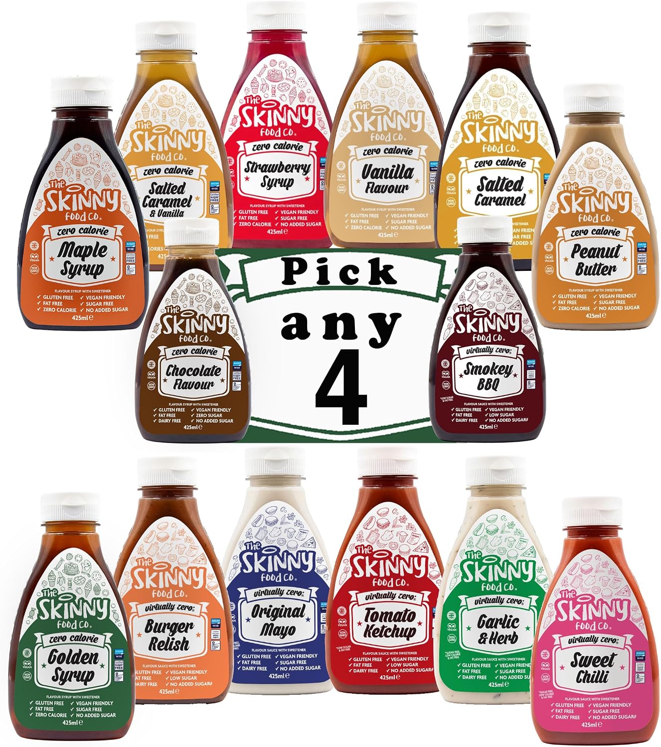 Skinny Food Co Zero Calorie Syrup 425ml | Pick Any 4 Flavours | Sugar Free, Fat Free, Vegan & Gluten Free | Ideal for Pancakes, Desserts, Porridge, Yoghurt & Shakes | 4 Pack