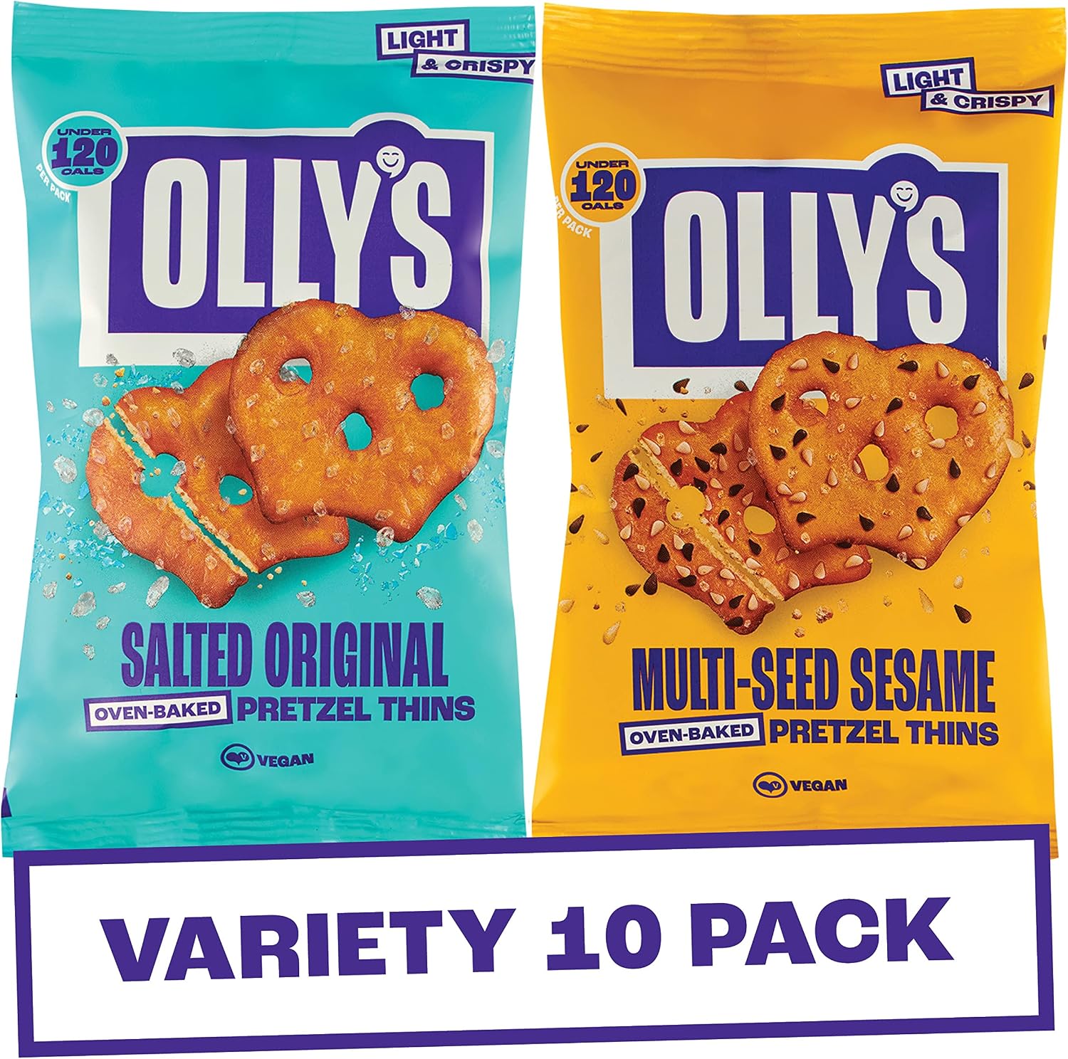 Olly's Pretzel Thins, Variety Pack, 35g (Pack of 10), Handy Snack Pouches, Healthy Plant-Based Vegan Snacks for Dipping, Low Calorie Snacks, Low Fat, Source of Fibre, No Preservatives
