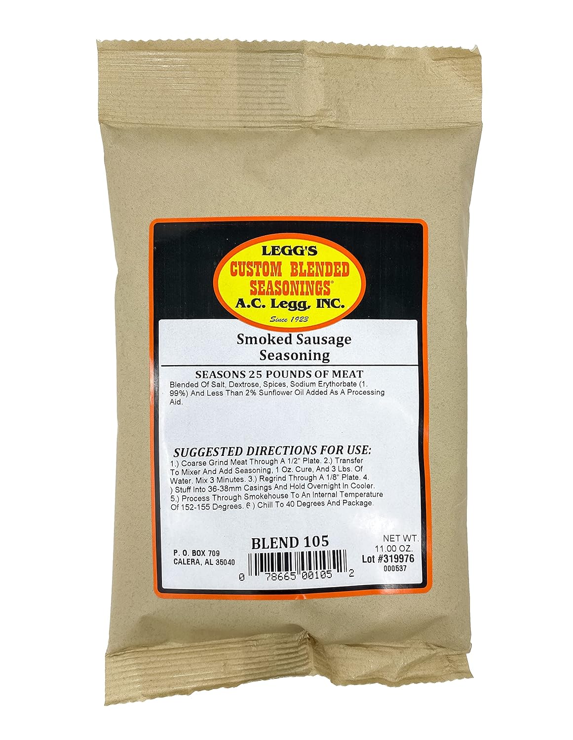 A.C. Legg Old Plantation Smoked Sausage Seasoning (Seasons 25 Pounds), 11 Ounce - with Cure