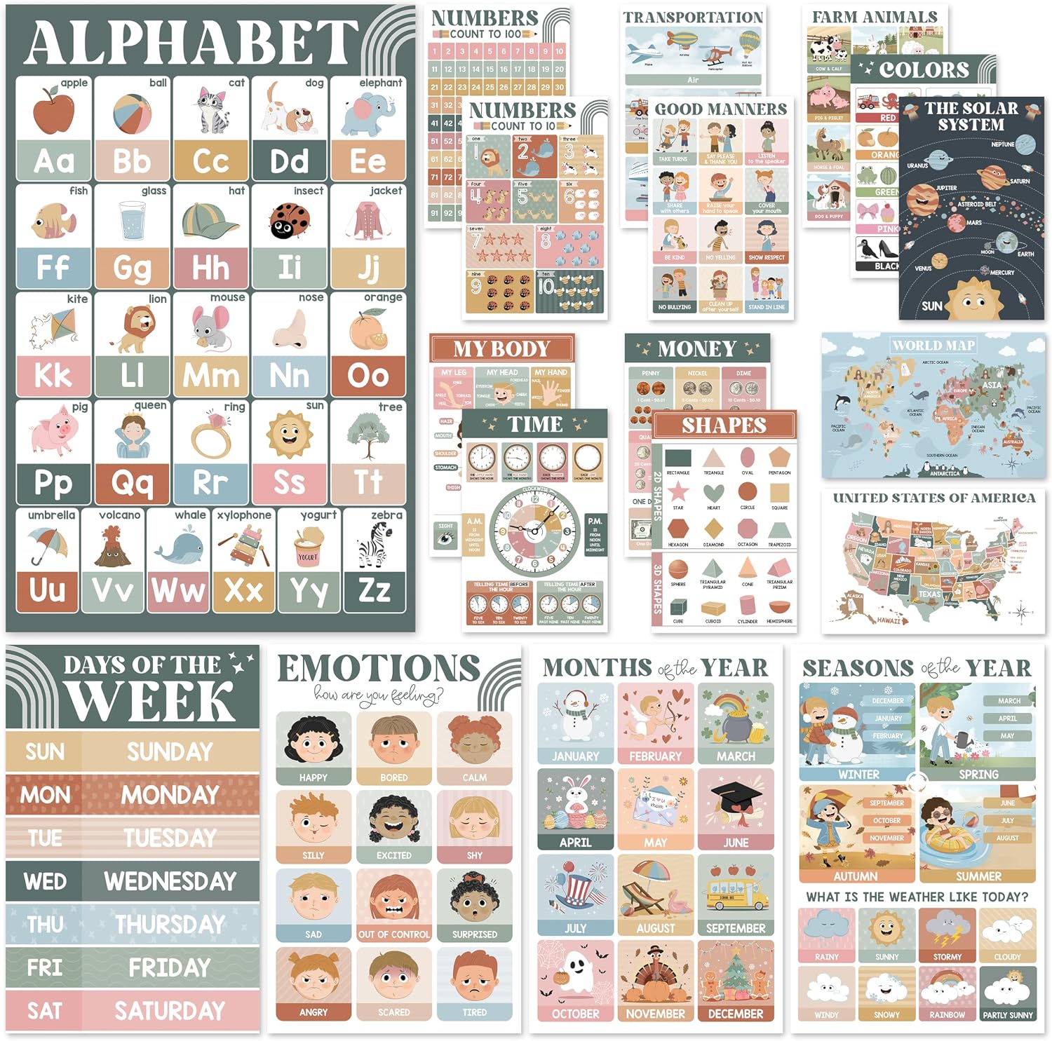 BEAWART 18 Modern Boho Educational Posters for Preschoolers - Laminated Pre-K and Kindergarten Learning Poster Charts for Toddlers 1-3-5 - Homeschool and Classroom Decor for Kids' Walls