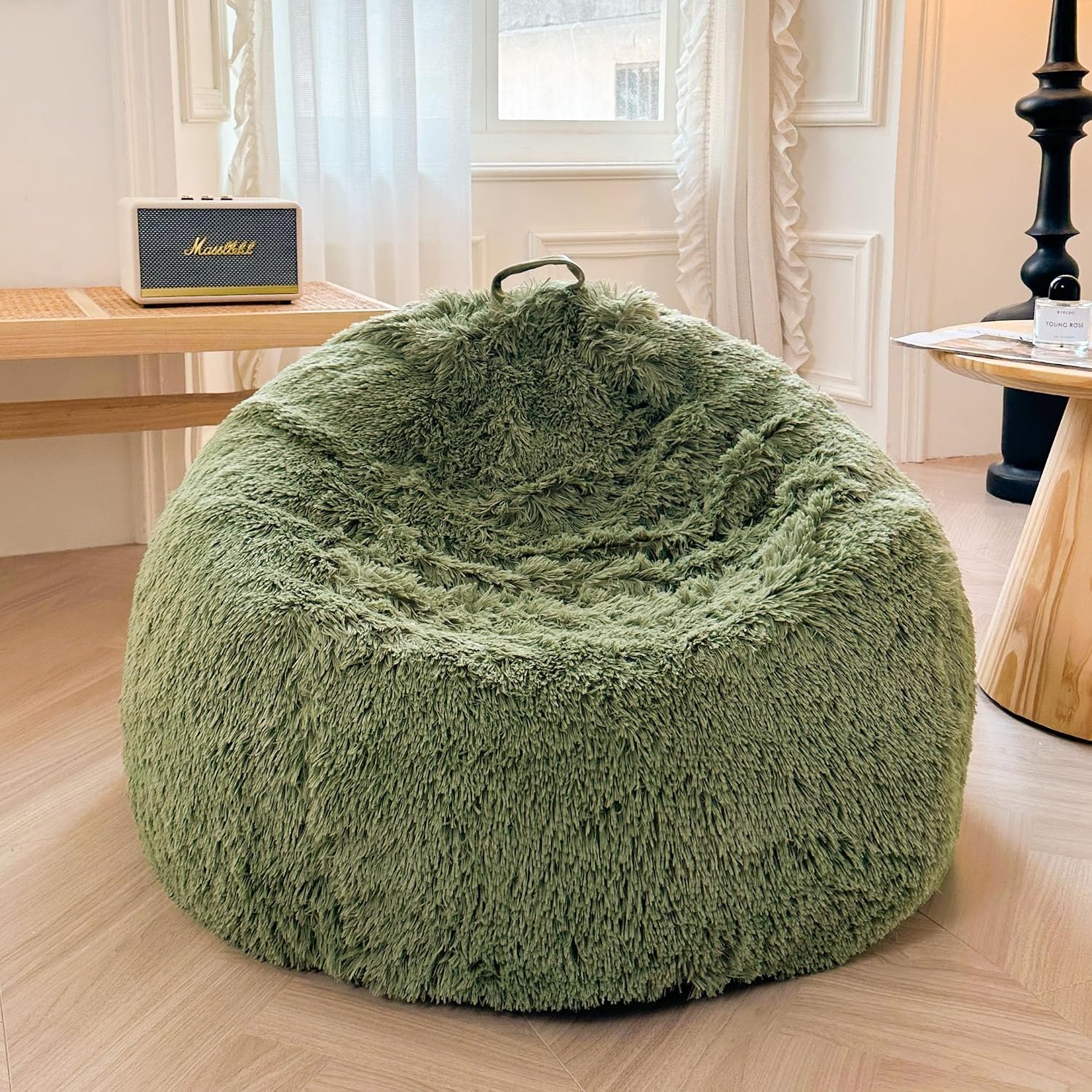 XeGe Faux Fur Comfy Bean Bag Cover, Fluffy Stuffed Animal Storage Bean Bag Chair Cover for Bedroom Home Decor, Furry Fuzzy Big Gaming Bean Bag Cover for Adults Teens Kids Girls, Anti-Slip, Sage Green