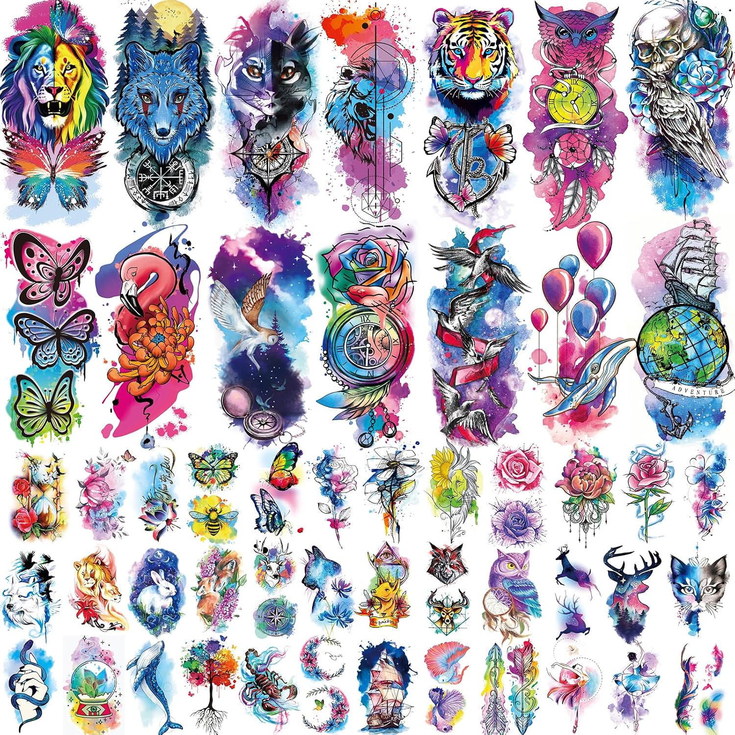 JEEFONNA 86 Sheets Temporary Tattoo, 14 Sheets Large Half Arm Fake Flower Cat Owl Lion Tattoos, 72 Sheets Tiny Waterproof Semi Permanent Temporary Tattoos Realistic for Women Girls Kids Adults