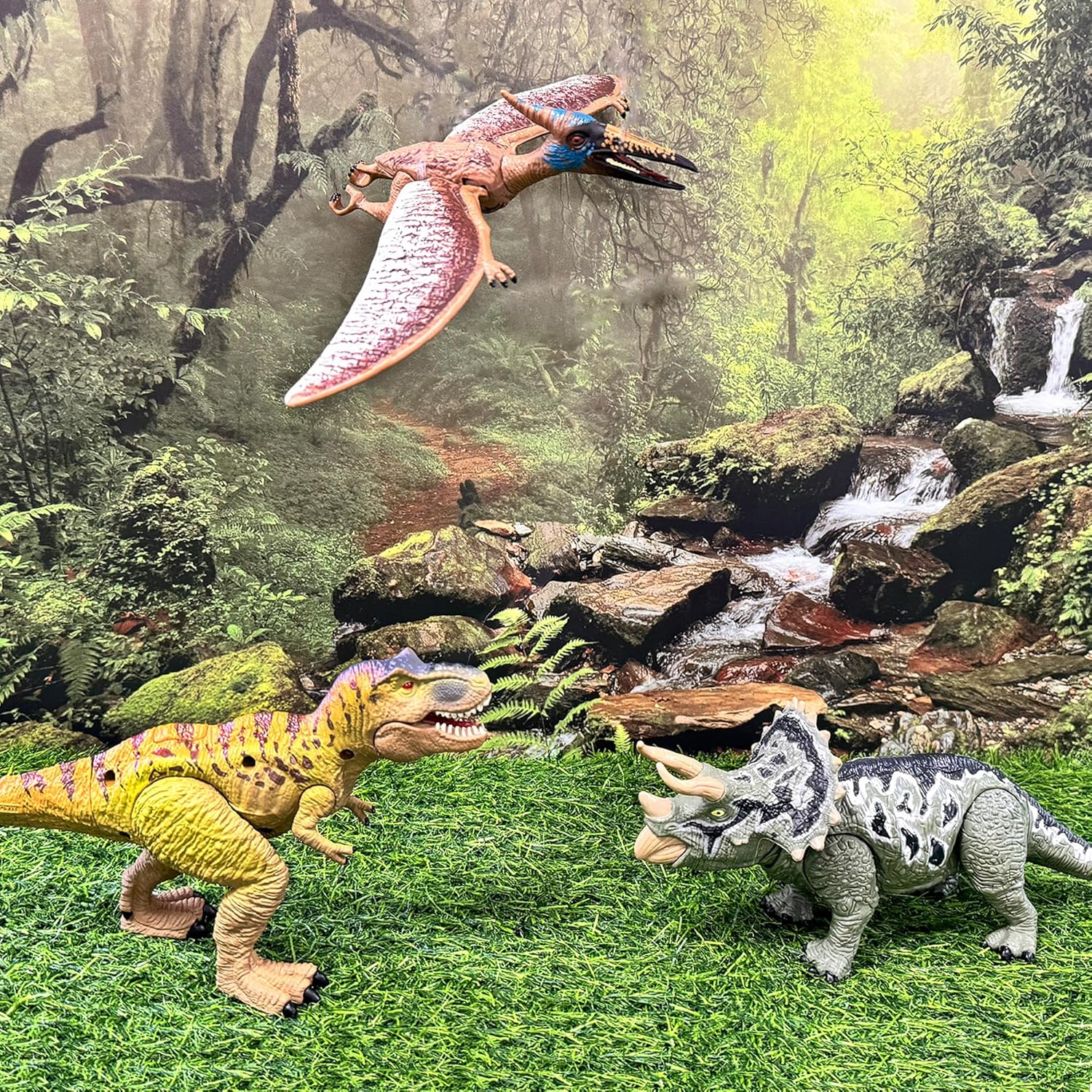 EKU Dinosaur Toys Wing Flapping Pterodactyl Toy Quetzalcoatlus, Chomp Action T Rex Tyrannosaurus, Head Moves Attack Triceratops Realistic Dino Action Figures for Kids 3-12 Jurassic World Toys