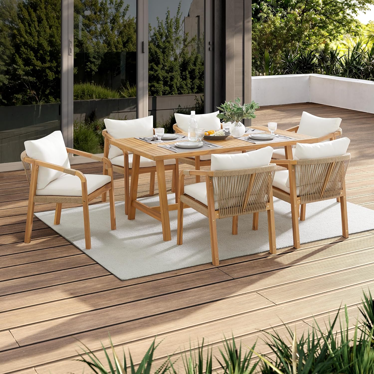 Adele 6-Seat Acacia Wood Outdoor Dining Set | Luxurious Patio Table Chairs Set for 6