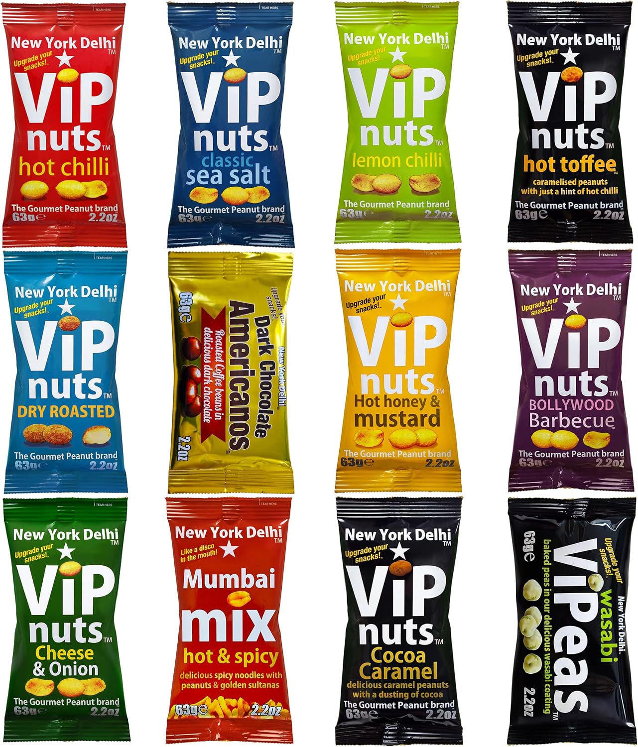 New York Delhi ViPnuts, Ultimate Selection Box of peanuts (12 x 63g) minimum 8 types - usually more - a flavour for every palate - snacks lovers gift
