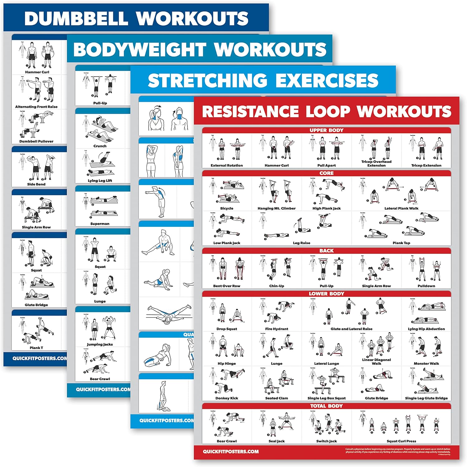 Palace Learning 4 Pack - Dumbbell Workouts + Bodyweight Workouts + Stretching Exercises + Resistance Loops - Set of 4 Workout Charts (18” x 24”, LAMINATED)