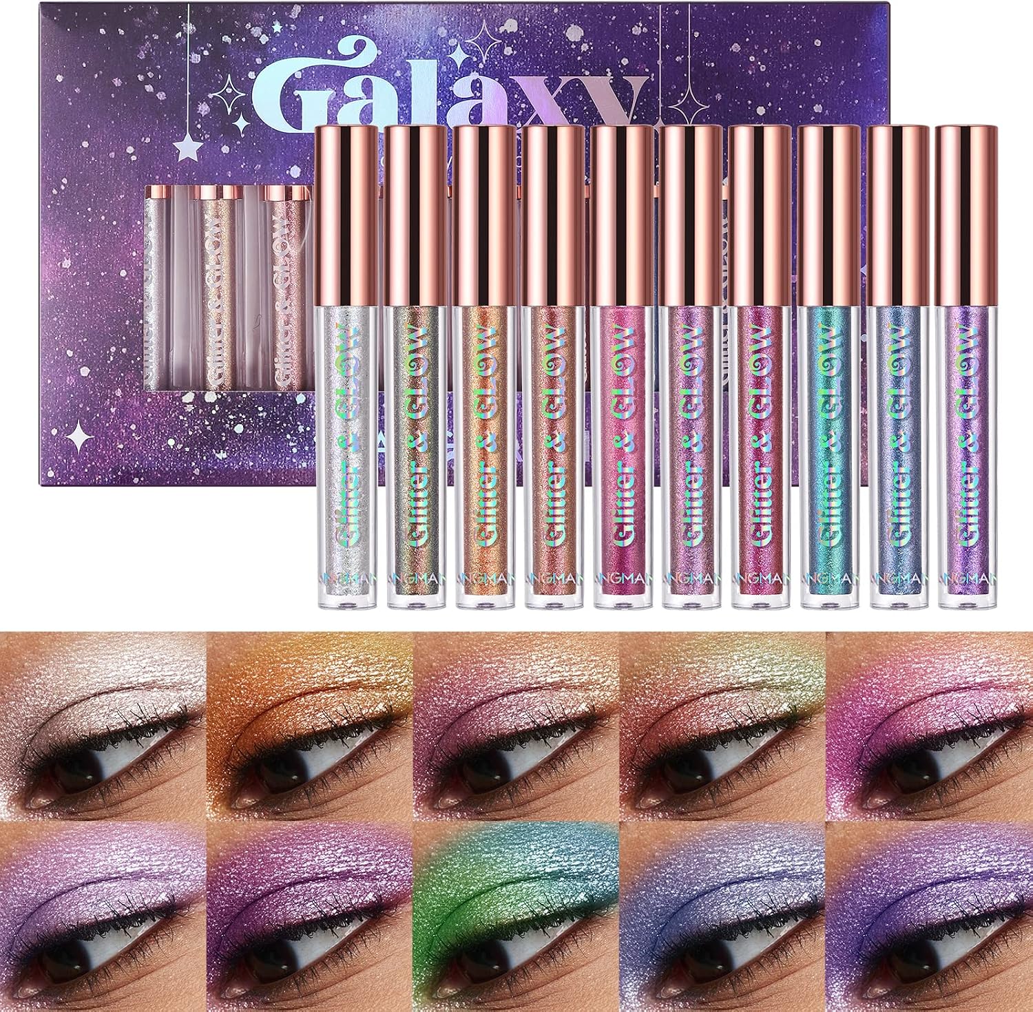 LANGMANNI 10 Pcs Liquid Glitter Eyeshadow Metallic Shimmer Sweatproof Makeup Set, Matte Pressed All Highly Pigmented Blending Powder, Perfect For Every Woman & Girl (#B), Pack of 1