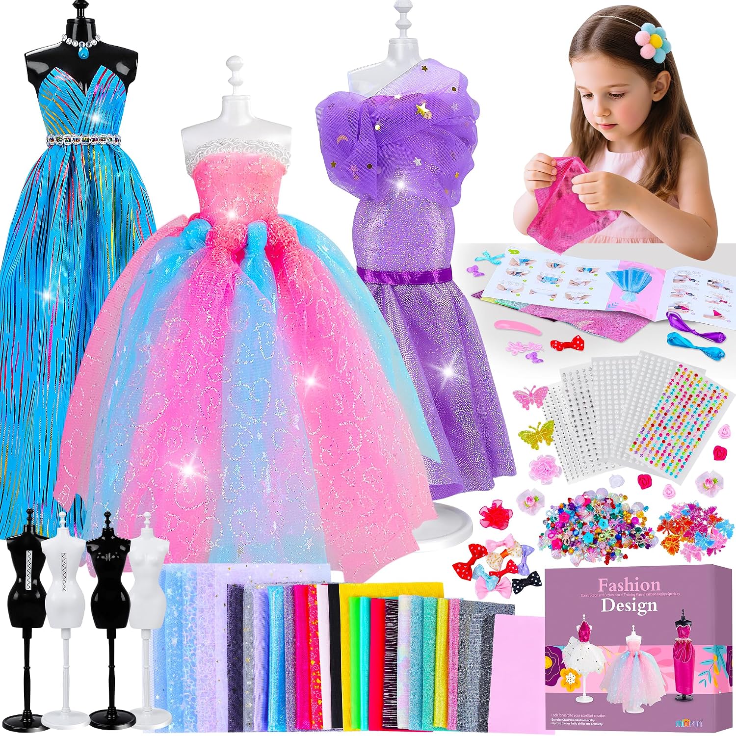 800+Pcs Fashion Designer Kit for Girls, Sewing Kit with 4 Mannequins, DIY Arts and Crafts Kit for Kids, Doll Clothes Making Kit, Girl Toys for Age 6 7 8 9 10 11 12 Year Old Gifts