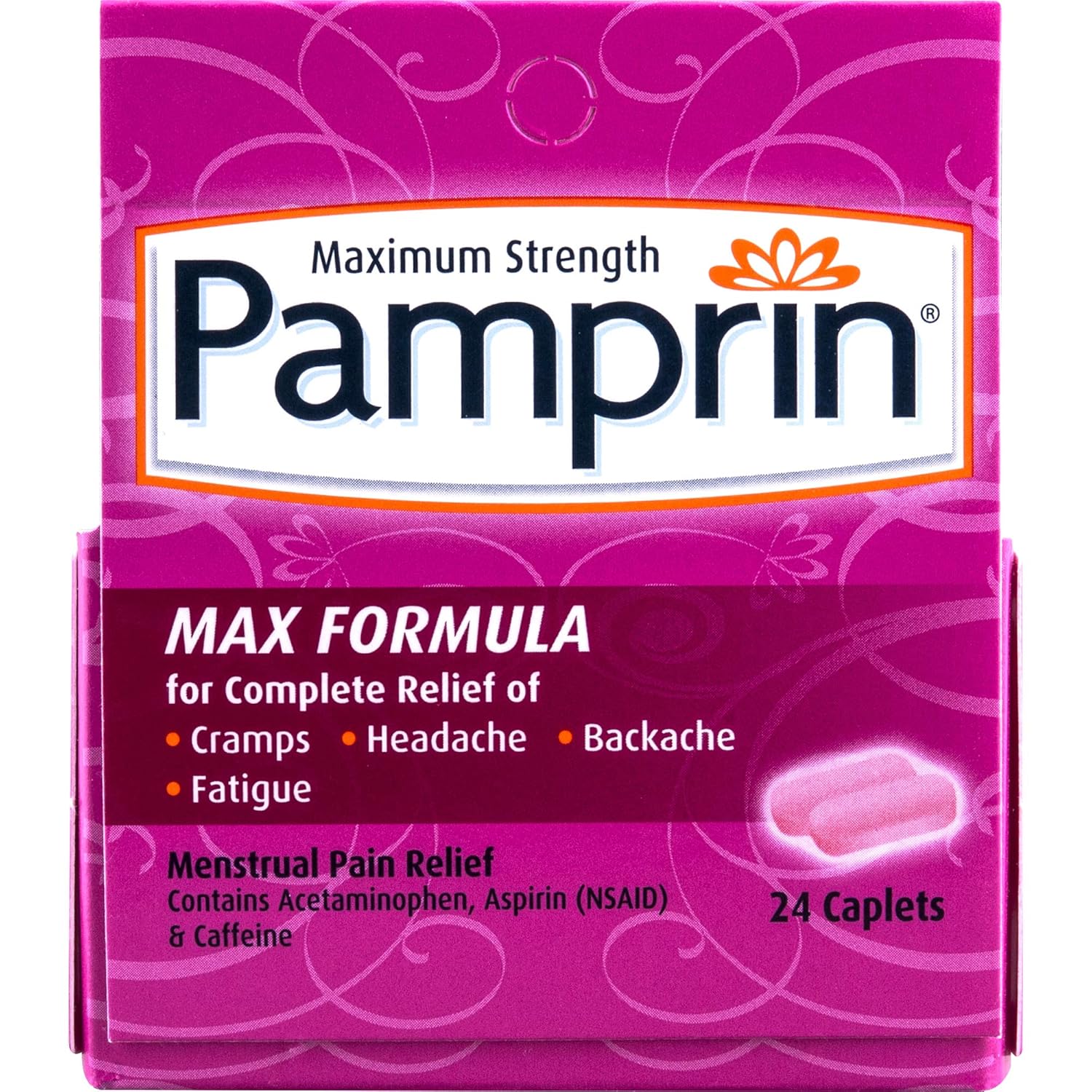 Pamprin Max Pain + Energy, Menstrual Pain Relief, Acetaminophen, Aspirin (NSAID), Caffeine, 24 Caplets