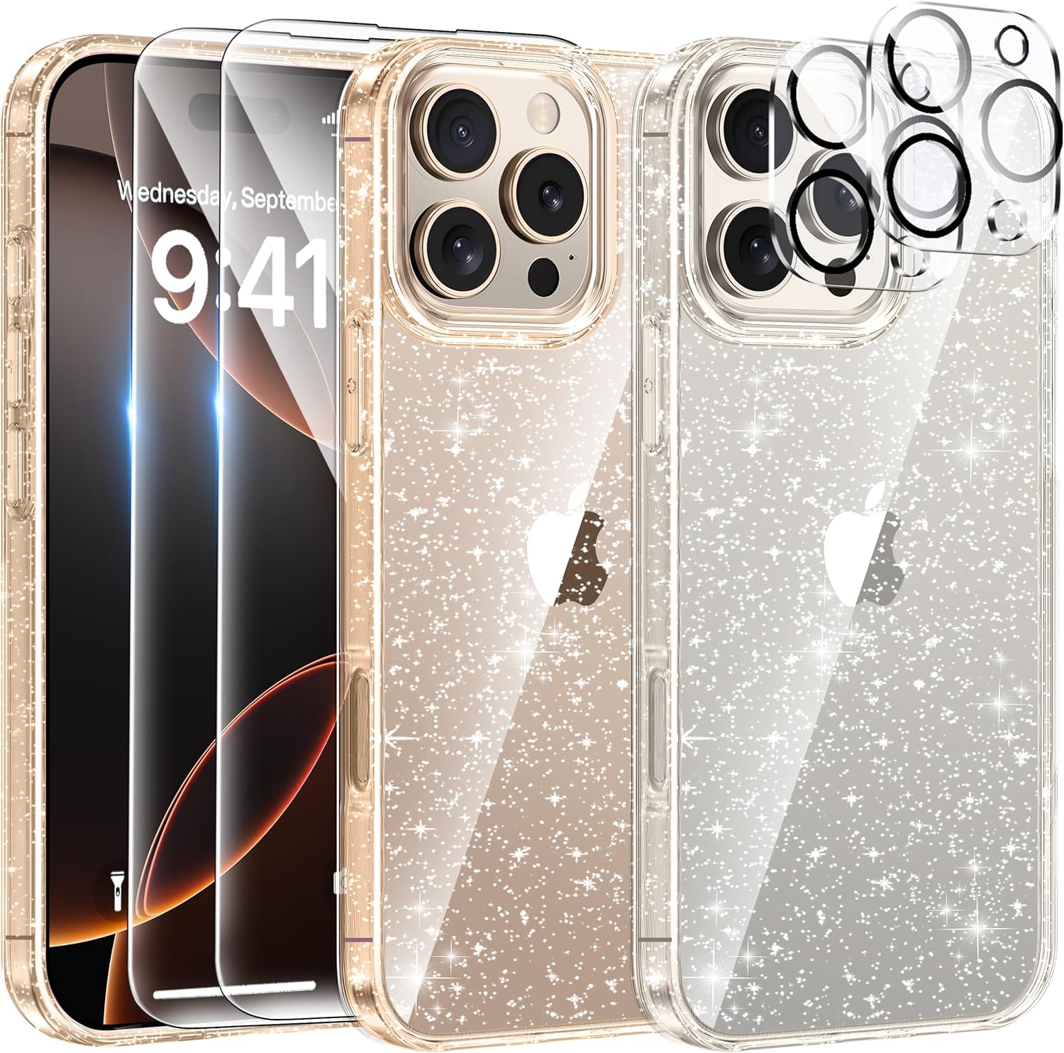 AROYI 5 in 1 Clear Glitter Case Compatible with iPhone 16 Pro Case with 2 Screen Protector and 2 Camera Lens Protector, Soft Bumper Sparkle Bling Women Girls Phone Case for iPhone 16 Pro 6.3"