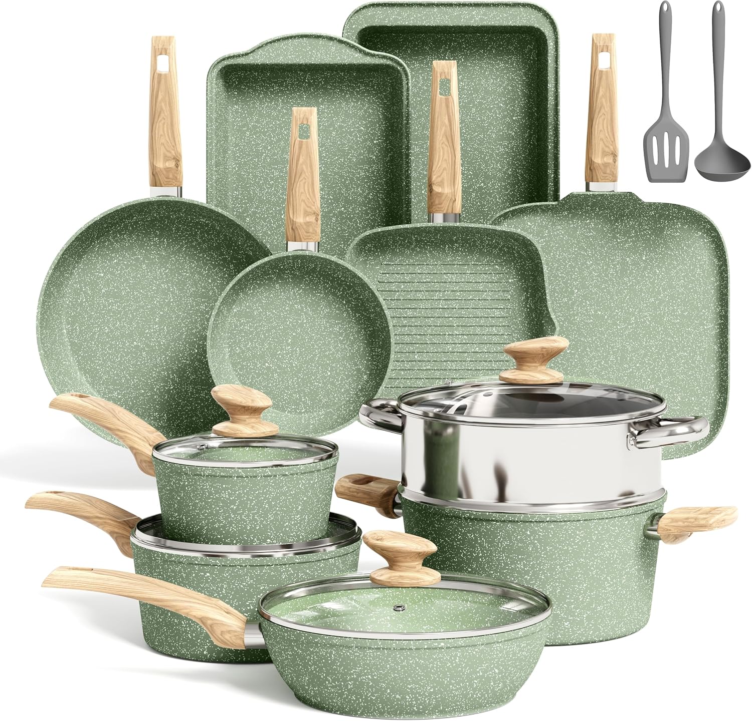 Kitchen Academy 17Pcs Pots and Pans Set Non Stick, Induction Hob Pan Set | Kitchen Nonstick Cookware Set, Green Healthy Granite Coated Saucepans Frying Pans, PFOA & PFOS Free