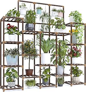 EnHomee 63''H Upgrade Plant Stand Indoor Tall Plant Stands Outdoor with 7 Tiers and 14 Potted Wood Plant Shelves Stand Load-Bearing 600 LBS, Multiple Plant Stand for Garden Balcony 11.8''x56''x63''