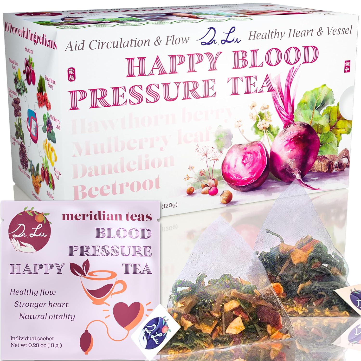 Dr. Lu’s Happy Blood Pressure Tea | 100% Natural Heart Functional Tea for Blood Pressure Support | Beetroot, Hawthorn Berry, Mulberry Leaf, Dandelion 10 Super Herbs in Corn Fiber Pyramid Bags