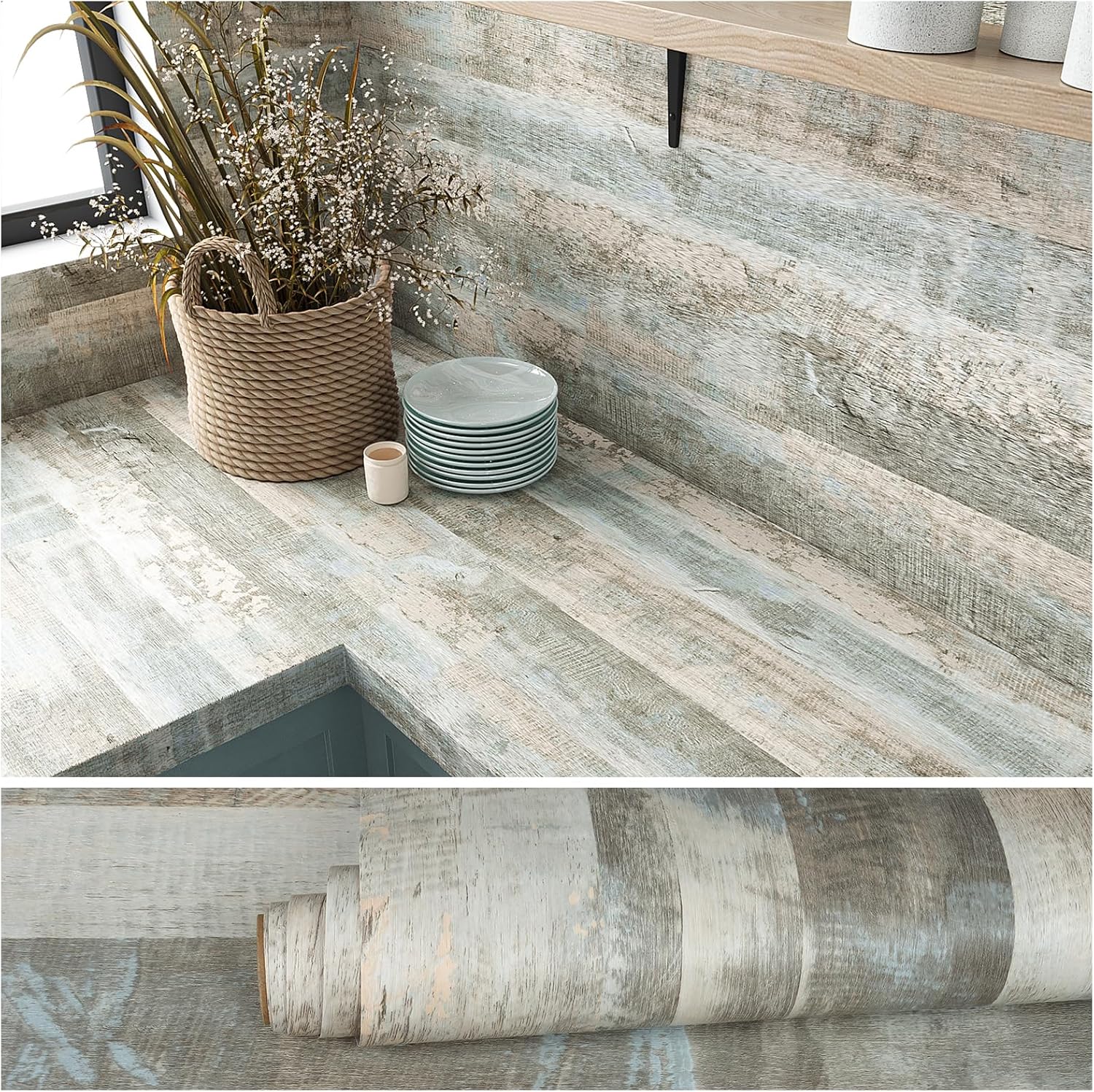 VEELIKE Light Blue Weathered Wood Plank Wallpaper Peel and Stick Reclaimed Wood Contact Paper for Countertops Cabinets Desk Floors 15.7''x118'' Waterproof Removable Wood Vinyl Wrap for Walls Kitchen