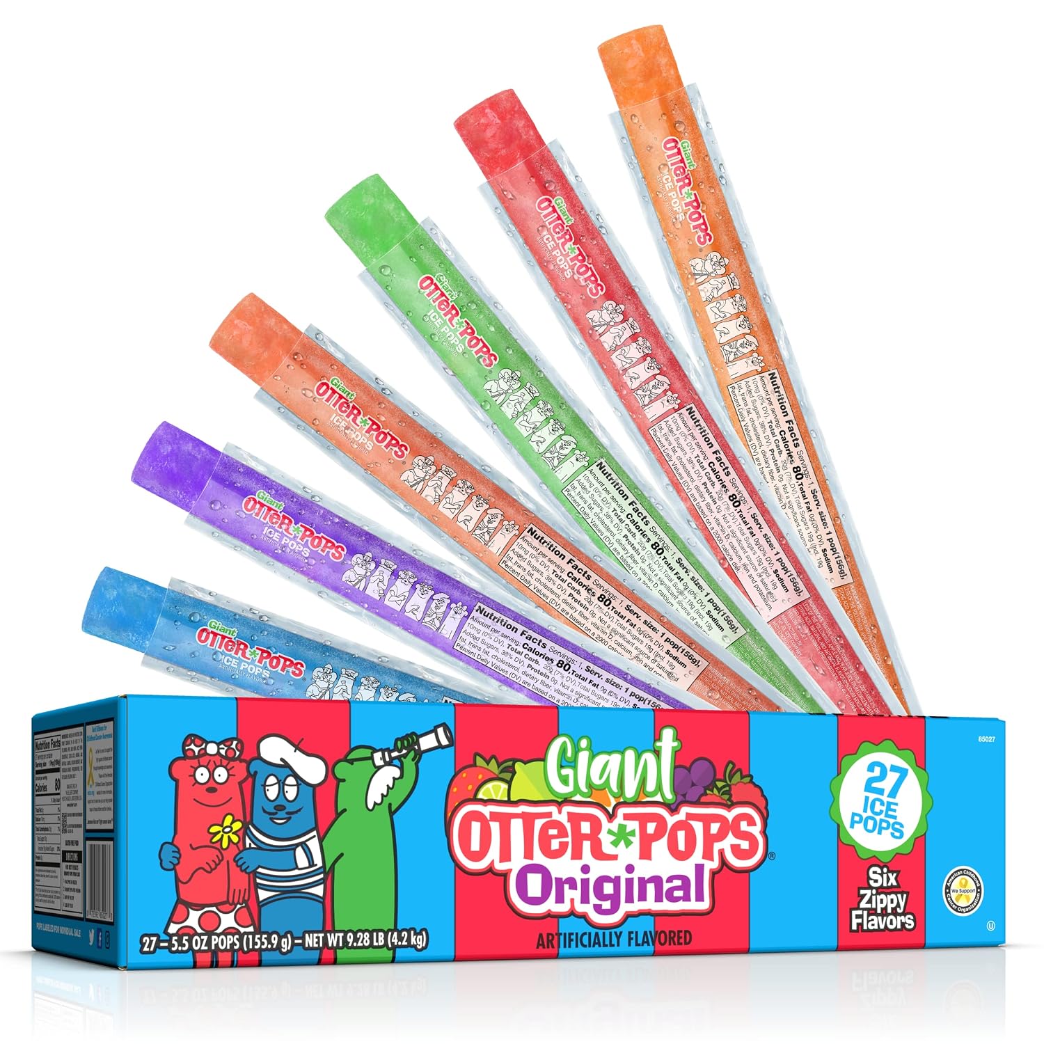 Otter Pops Giant Freezer Pops Frozen Snacks, Original 6 Flavors, 27 Count