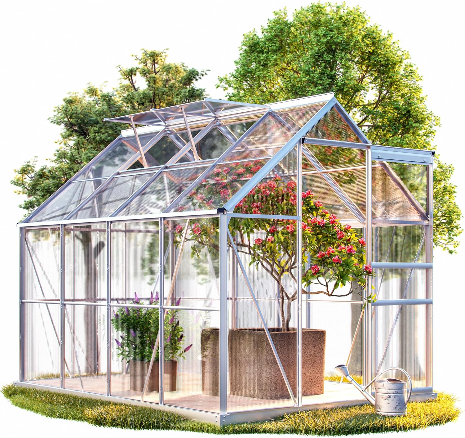 GARDEBRUK® 6x8ft Polycarbonate Greenhouse with Rain Gutters | Large Walk-In Green House with Door and Roof Window | Garden Cold Frame Plants Flowers Grow House with Aluminium Frame