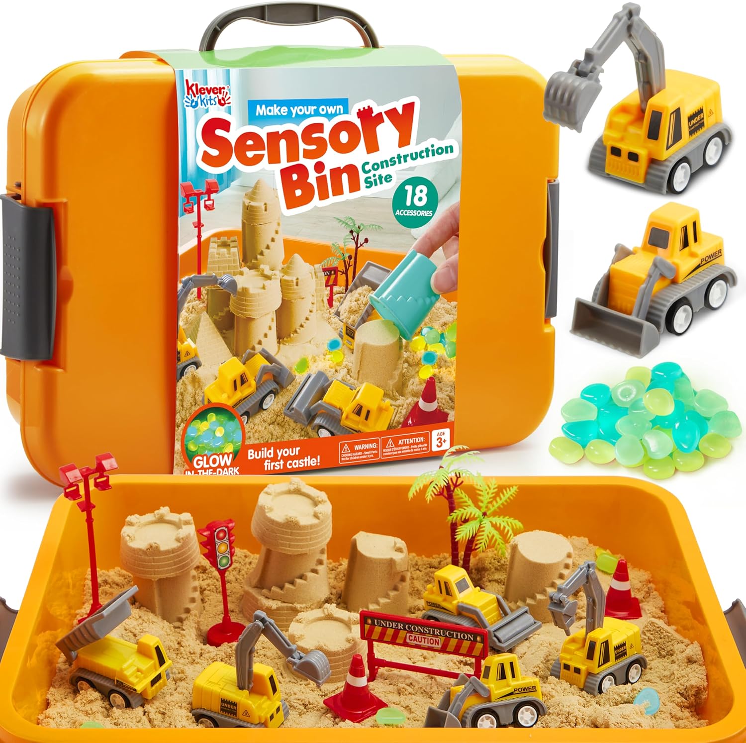 Klever Kits Construction Sensory Bin for Toddlers with Glow in The Dark Stones, Sandbox with Lid Castle Building kit, Preschool Learning Activities Gifts for Boys Girls Age 3+