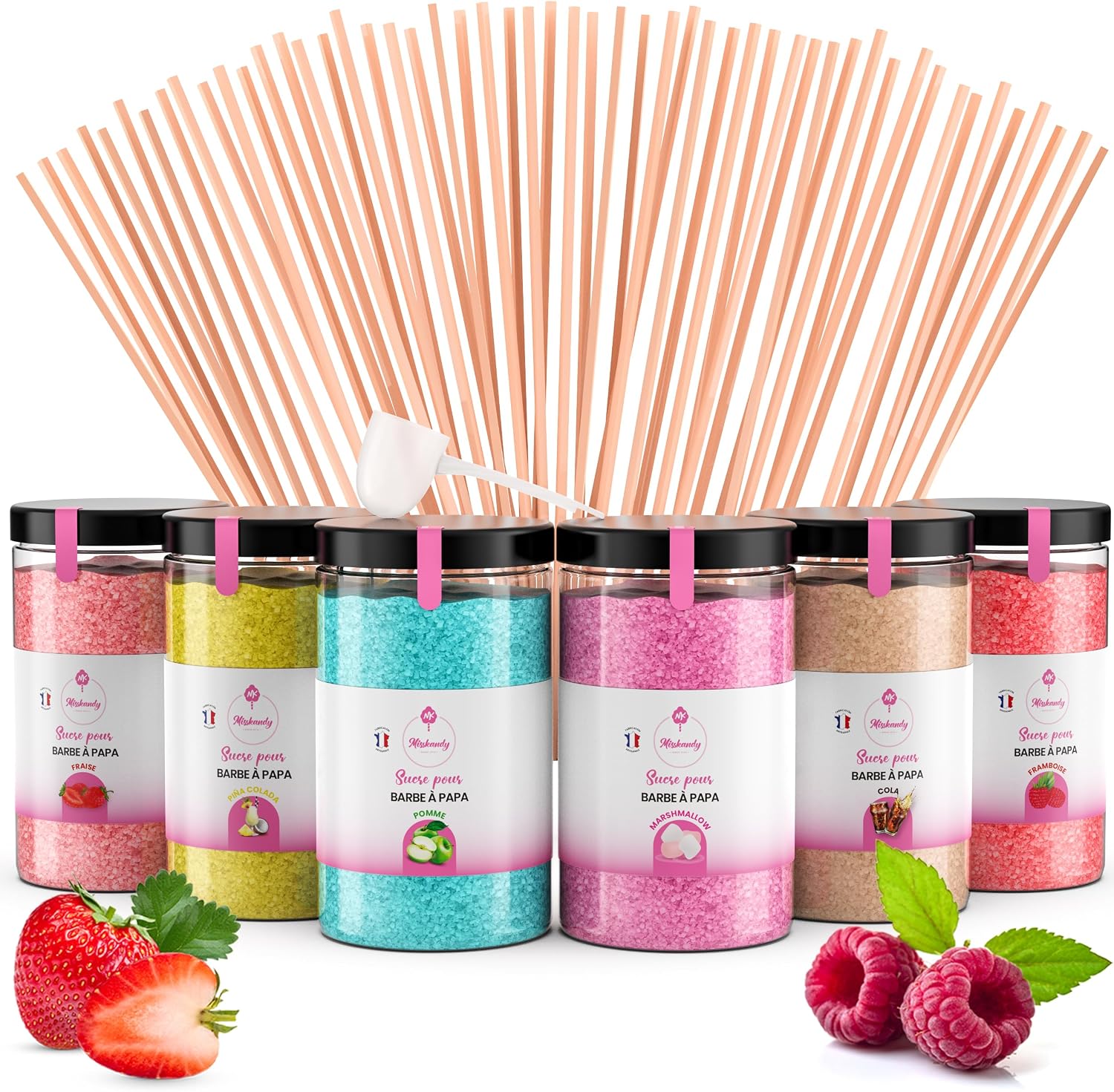 Misskandy®-Candy Floss Sugar Pack (6 * 300g) (Strawberry, Pina colada, Marshmallow, Raspberry, cola, apple) Use in Cotton Candy Maker + 50 Sticks of 30 cm (free)