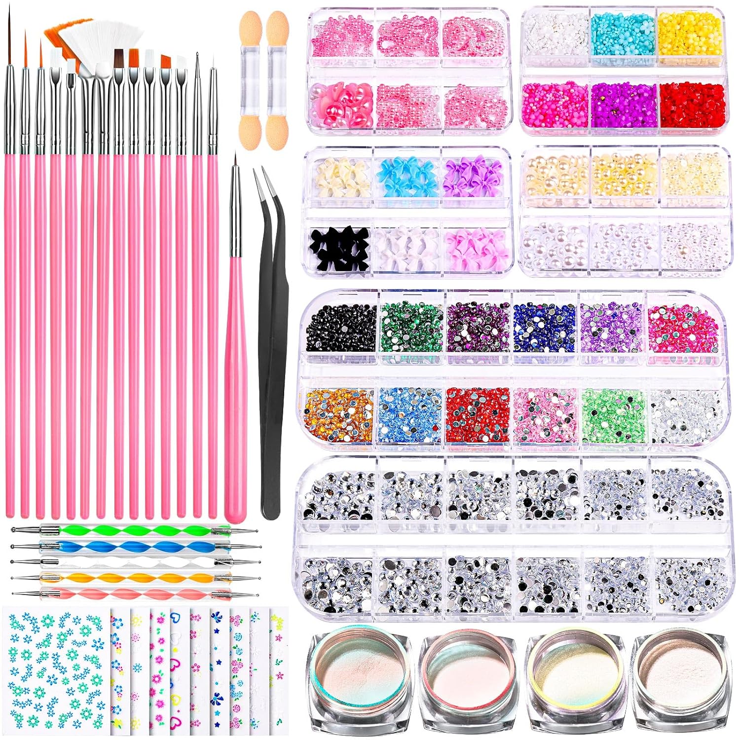 FANDAMEI Nail Art Brushes Set, Nail Art Kit, Nail Design Kit, Nail Dotting Tools, Nail Kit for Beginners, Chrome Nail Powder, Nail Stickers, Nail Rhinestones, Nail Charms Gems Nail Art Decoration Kit