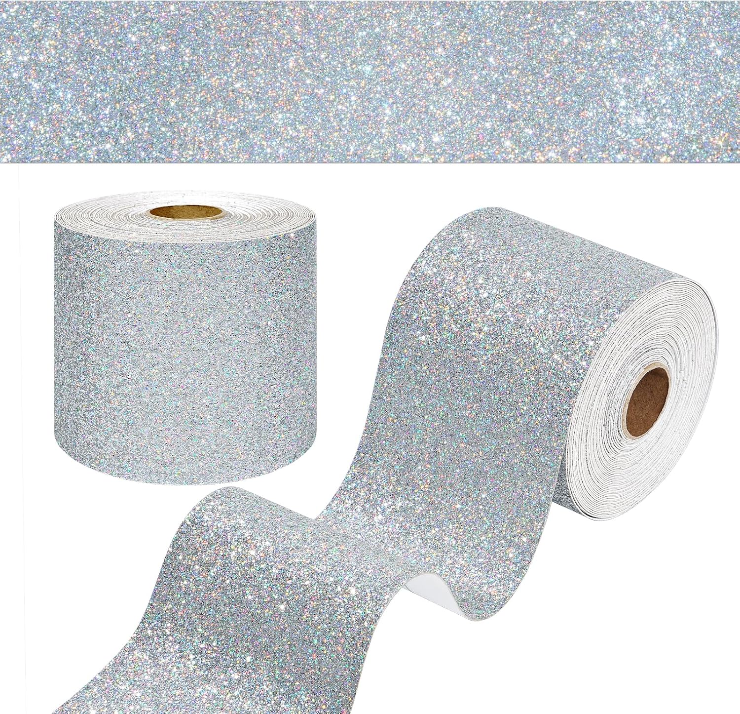 WESTICK Silver Glitter Wallpaper Border for Bulletin Board Trim 394" x 4" Shiny Sparkle Silver Trim Roll Self Adhesive Glitter Poster Border for School Classroom Chalkboard Party Decoration Strips