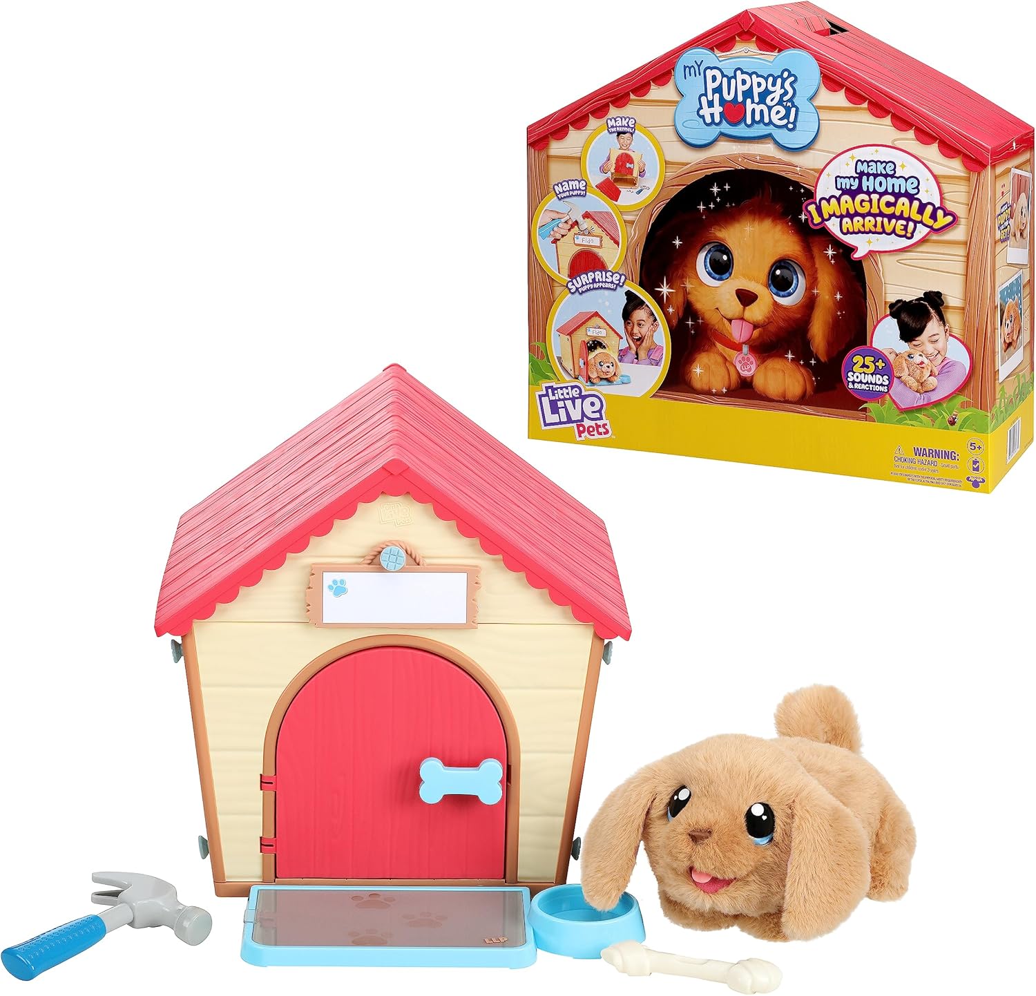 Little Live Pets - My Puppy's Home Interactive Plush Toy, 25+ Sounds and Reactions, Make the Kennel, Name your Puppy and SURPRISE! Puppy appears! Easy Build DIY Kennel