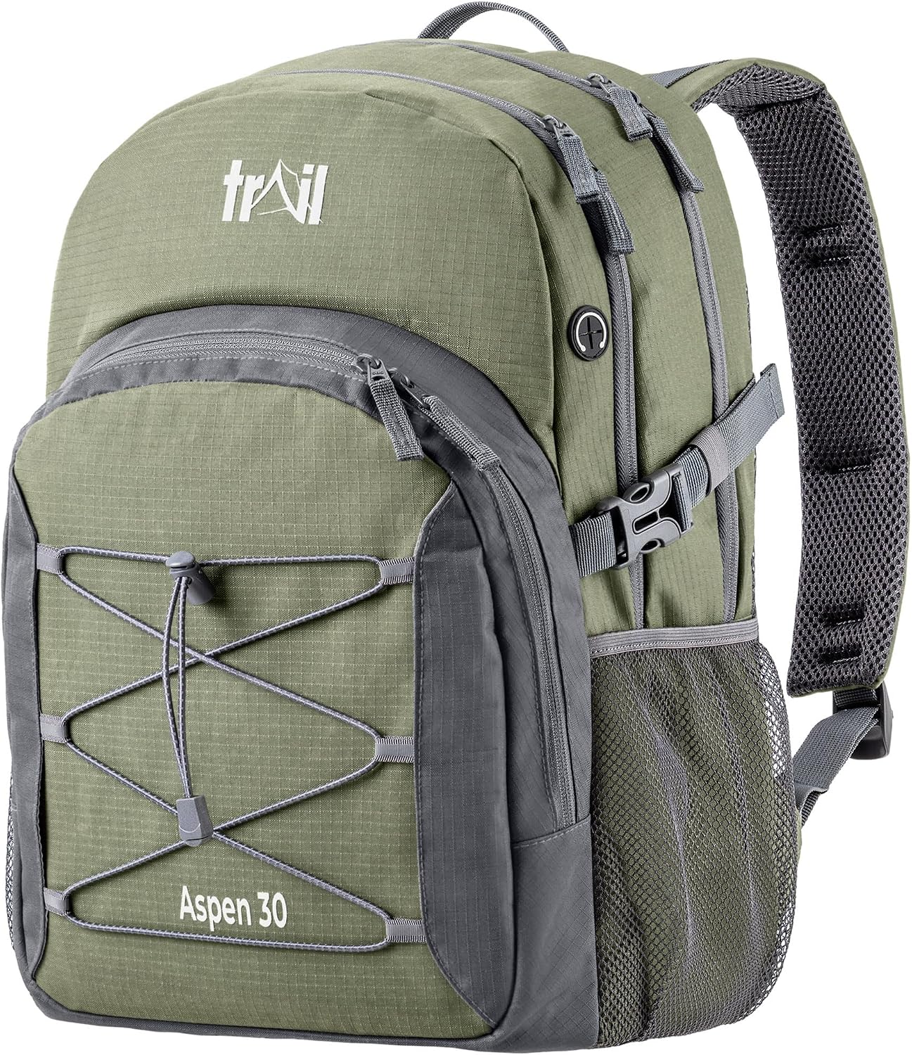 Trail Aspen 30L Day Pack Backpack for School Work Hiking Camping Travelling, Breathable Padded Back & Straps, 3 Zip Compartments, Internal Pockets, Bungee Cords, USB/Headphone Port, Water Resistant