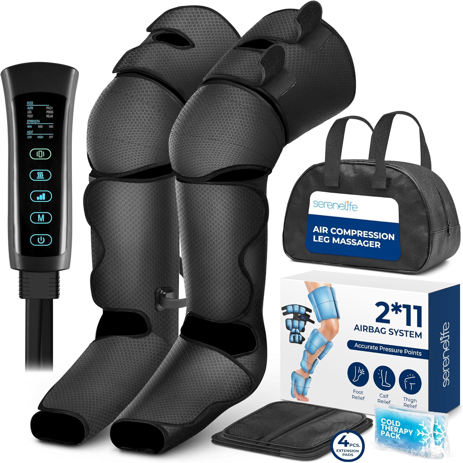 SereneLife Air Compression Leg Massager, Full Leg Massager with Heat and Compression, Ice Pack, Portable and Adjustable with 6 Modes 3 Vibrations 3 Intensities, 11 Airbags for Thigh Calf Foot Massage