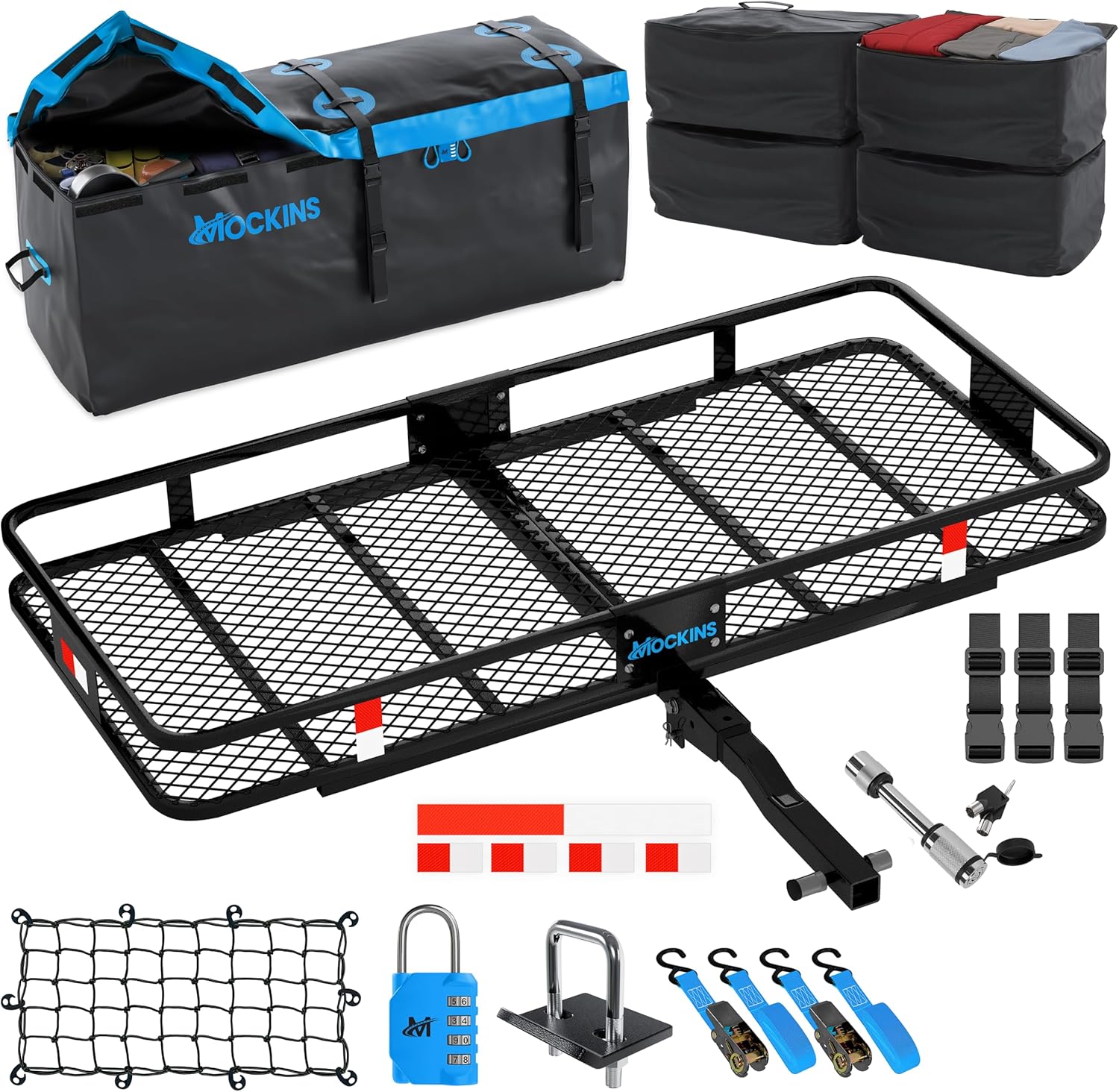 Mockins 60"x20"x6" Folding Trailer Hitch Cargo Carrier Hitch Mount w/Hitch Cargo Carrier Bag | 16 CuFt Vehicle Soft-Shell Carriers | 500 lbs Cap. Tow Hitch Cargo Carrier | 2" Cargo Hitch Carrier