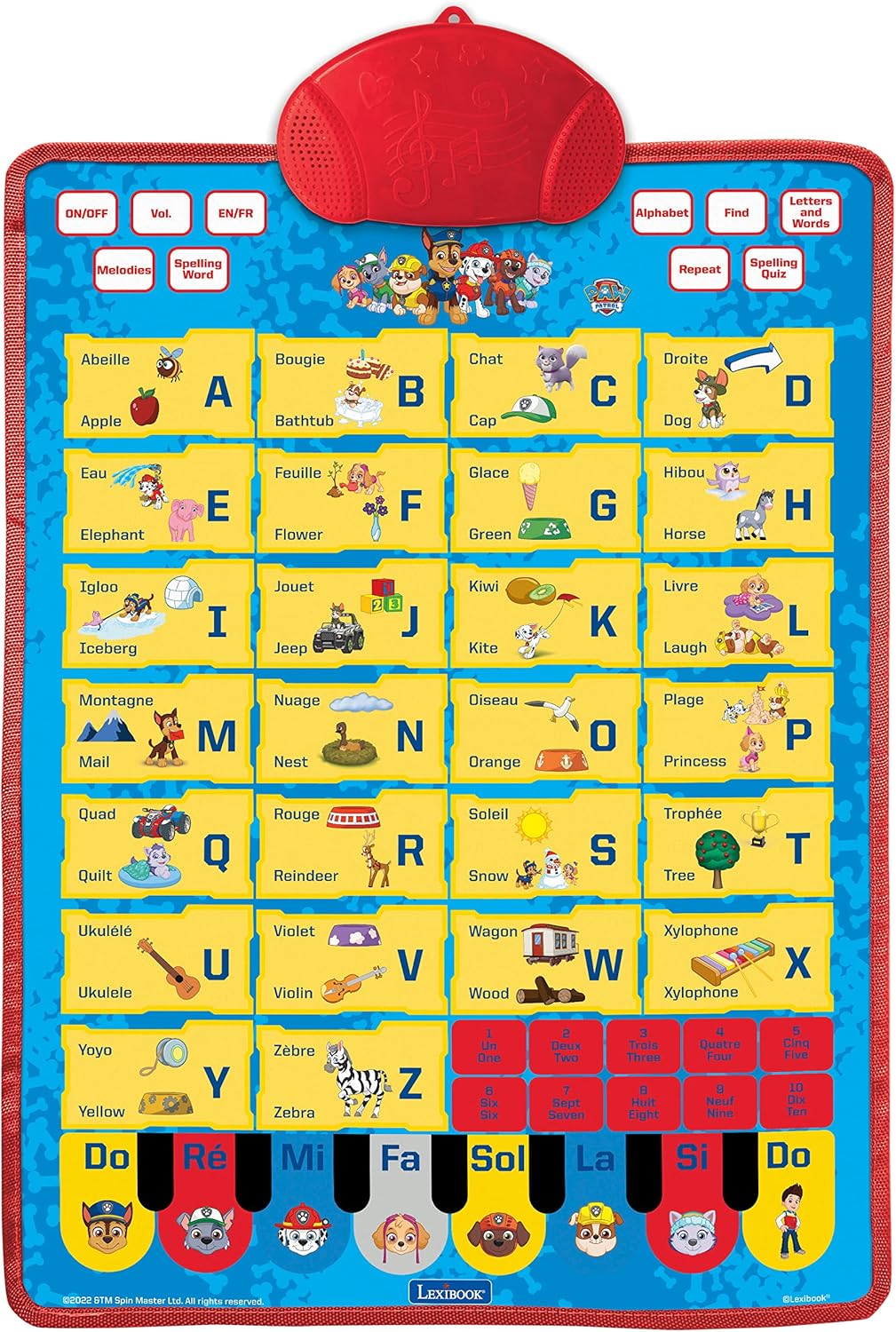 Lexibook, Paw Patrol, Bilingual educational poster, vocabulary, music, quiz, English/French, Blue/yellow, JCMAT10PAi1