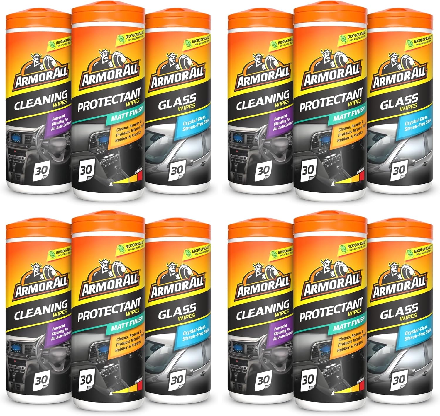 Armor All, Car Interior Cleaning Wipes,Triple Pack for Dashboard, Glass & All Around Interior, Set of 3x30 Plastic Free Wipes (90 Biodegradable Wipes) (Pack of 4)