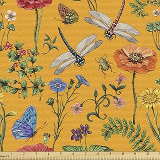 Lunarable Dragonfly Fabric by The Yard, Botany Gardening Theme with Plants Insects Meadow Yard Provence, Decorative Fabric for Upholstery and Home Accents, 1 Yard, Marigold Fern
