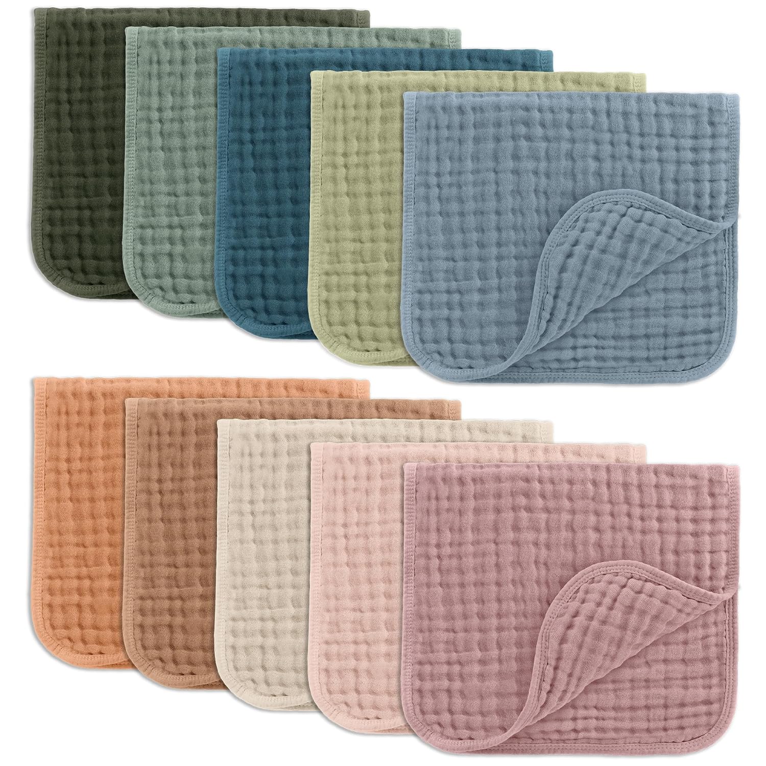 Comfy Cubs Muslin Burp Cloths 20" x 10", Pack of 10 - Large, 6-Layer, Ultra Absorbent 100% Cotton for Baby Drool and Messes - Soft, Safe & Gentle Baby Burp Cloths for Boys & Girls - Multi
