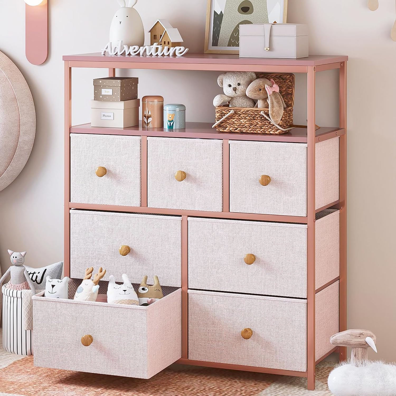EnHomee Chest of Drawers, Pink Dresser with 7 Fabric Drawers for Girls, Tall Chest of Drawers Bedroom with Sturdy Steel Frame and 2 Layer Wooden Top for Wardrobe, Living Room, Closet, Pink