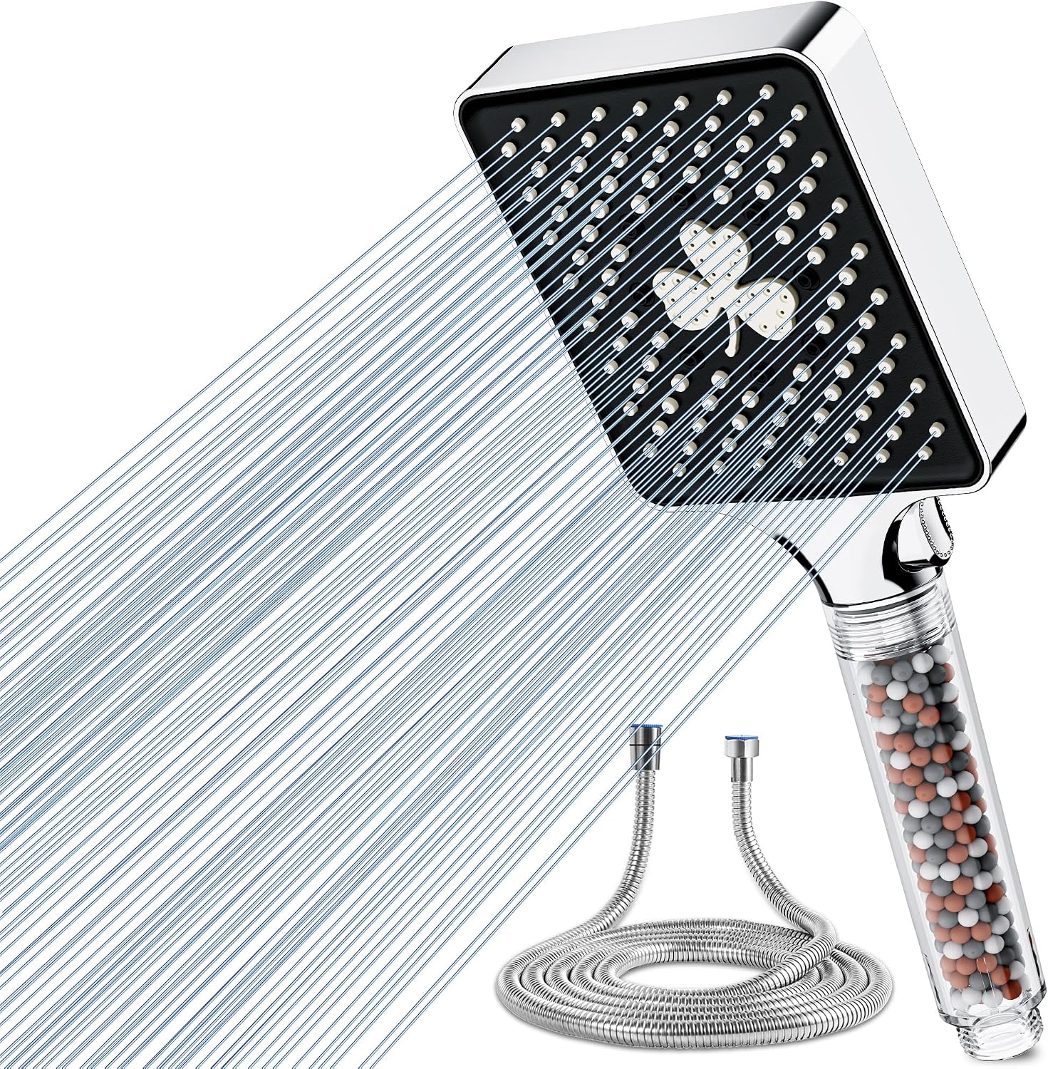 Magichome Filter Shower Head and Hose 1.5M, Square High-Pressure Shower Head with 6 Modes, Large Powerful Handheld Showerhead for Residual Chlorine Remove