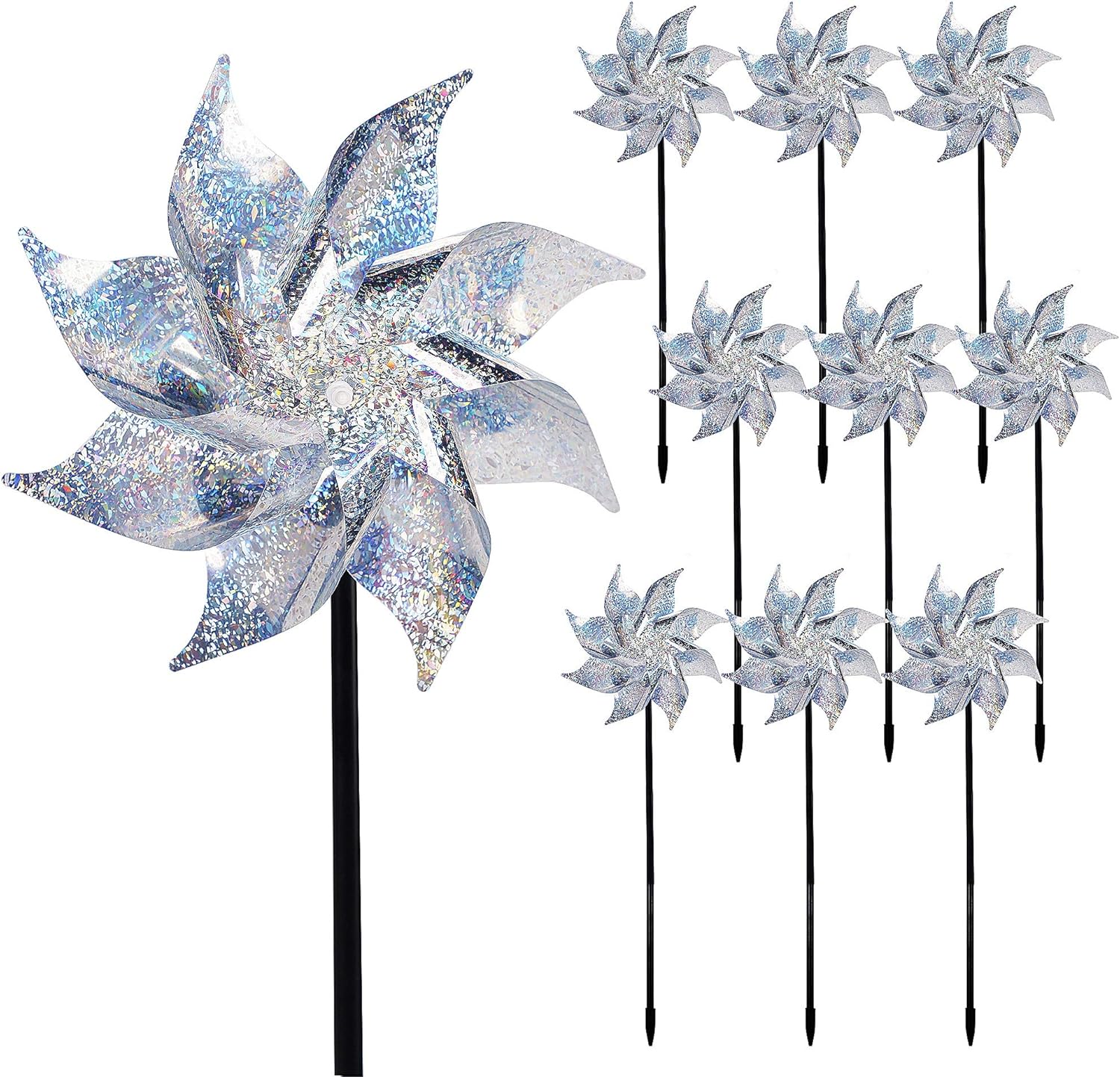 Hausse 10 Pack Reflective Pinwheels with Stakes, Extra Sparkly Pinwheel for Garden Decor, Bird Devices Deterrent to Scare Birds Away from Yard Patio Farm
